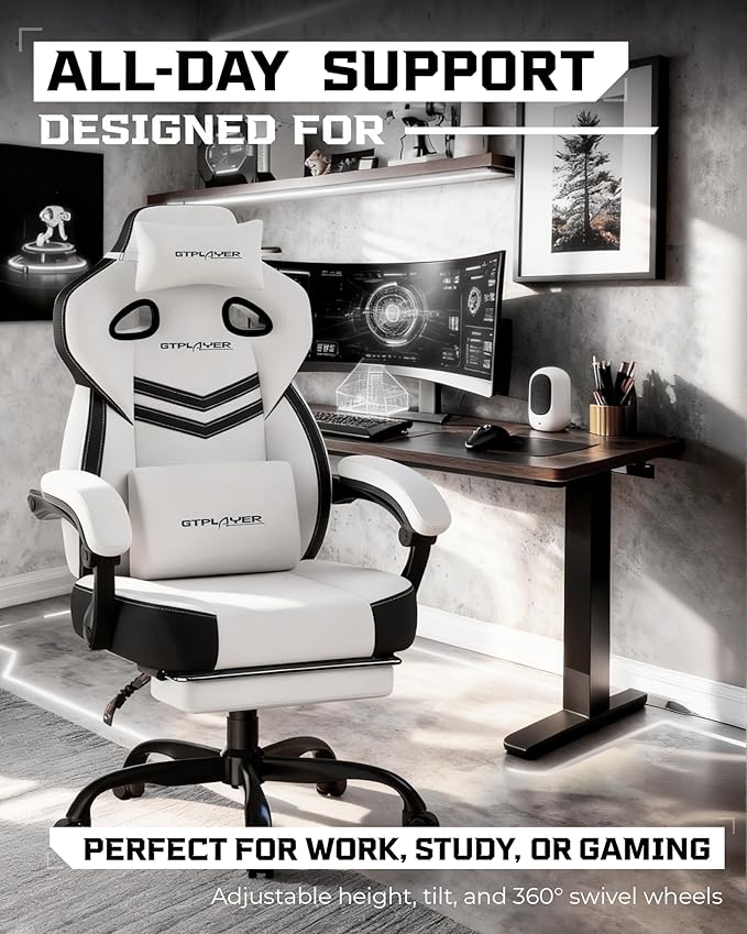 GTPLAYER Gaming Chair, Computer Chair with Footrest and Lumbar Support for Adults, 360°-Swivel Big & Tall Reclining Seat for Office or Gaming (White)