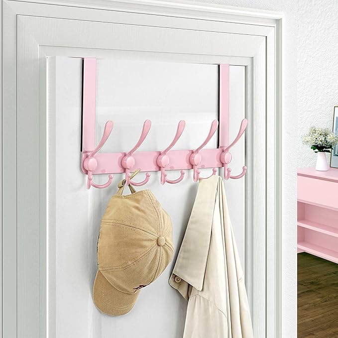 Dseap Over The Door Hook Hanger - 5 Tri Hooks, Heavy Duty Over The Door Towel Rack Coat Rack for Clothes Hat Towel, Pink