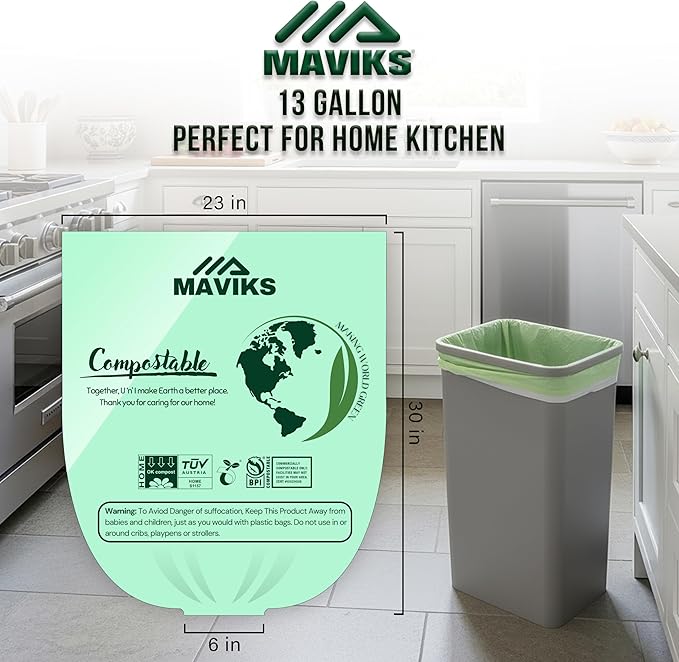 Super Durable Biodegradable Compostable Trash Bags 13 Gallons / 49.2 Liter, Green Biodegradable Trash Bags 50 Pcs, Small Kitchen Compost Bags for Countertop Bin, BPI & OK Compost Certified