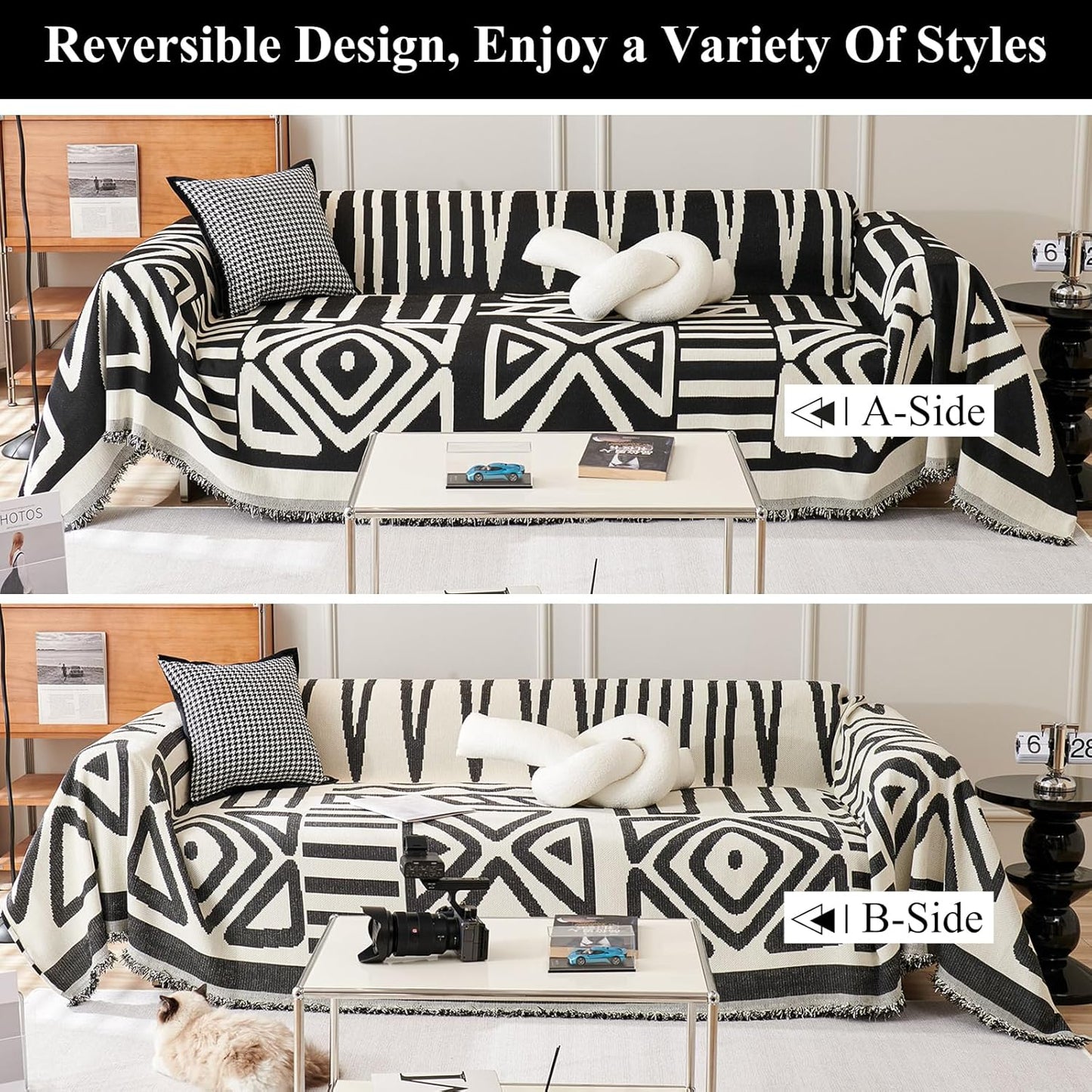 STACYPIK Modern Boho Sofa Cover for Dogs Chenille Couch Cover with Tassels Reversible Anti Slip Sofa Slipcover for 3 Cushion Couch Soft Black Beige L Shaped Cover Multi-Use Throw Blankets-71X134IN