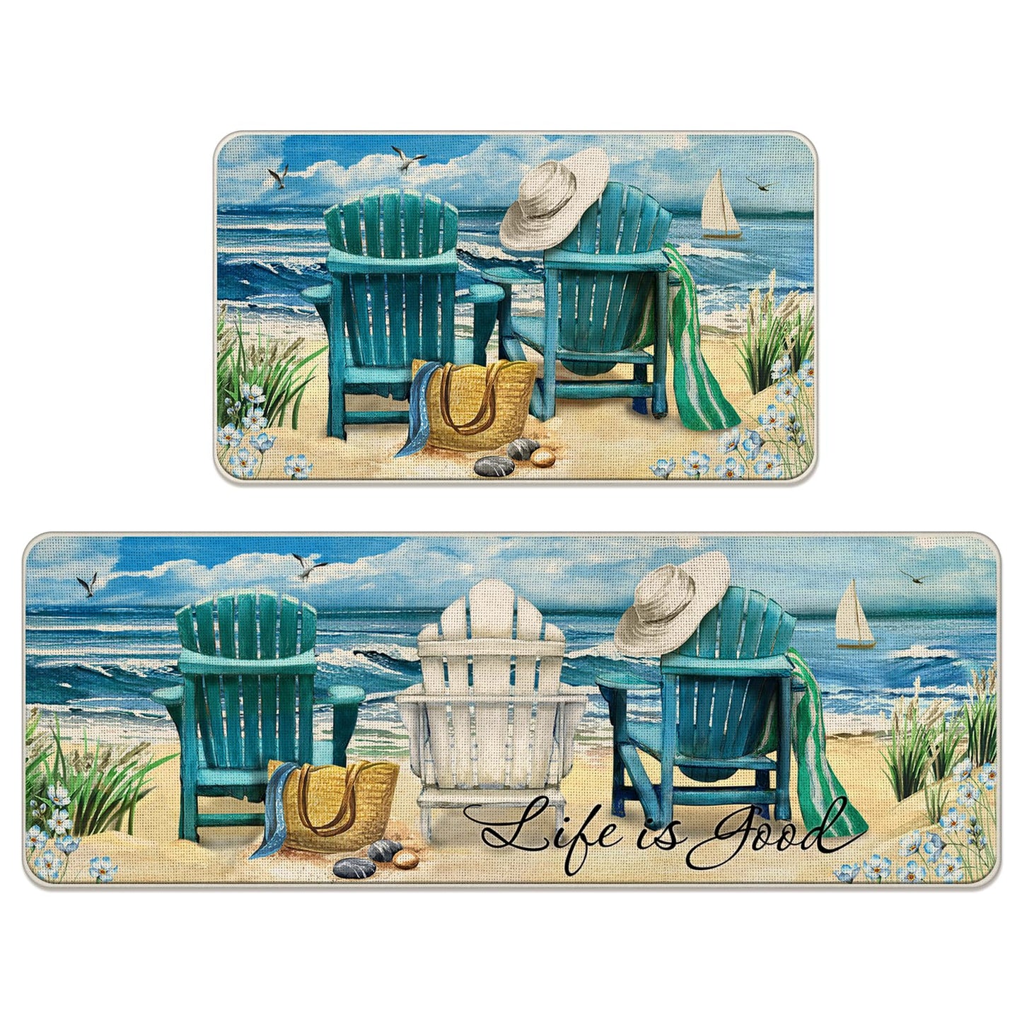 Tailus Summer Blue Sea Chairs Beach Decorative Kitchen Rugs Set of 2, Ocean Seagull Sailboat Kitchen Mat Coastal Non-Slip Floor Mat, Nautical Home Kitchen Decorations 17x29 and 17x47 Inch