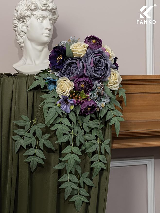 FANKO Artificial Flowers Dusty Purple Peony: Mixed Fake Silk Flowers Combo Light Brown Rose Dusty Purple & Blue Cosmos Vintage for DIY Wedding Bridal Bouquets/Centerpieces/Home Decor