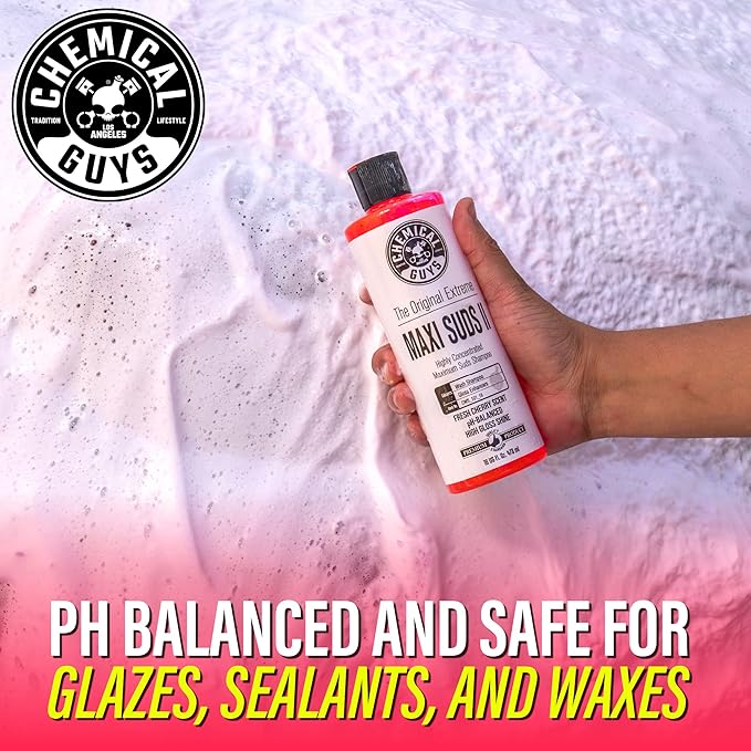 Chemical Guys Maxi Suds II Foaming Car Wash Soap – High Foam Car Wash Soap, Cherry Scent Shampoo and Gloss Booster for Foam Cannons, Guns or Buckets – Gentle, Safe for Trucks, SUVs, and RVs, 64 oz
