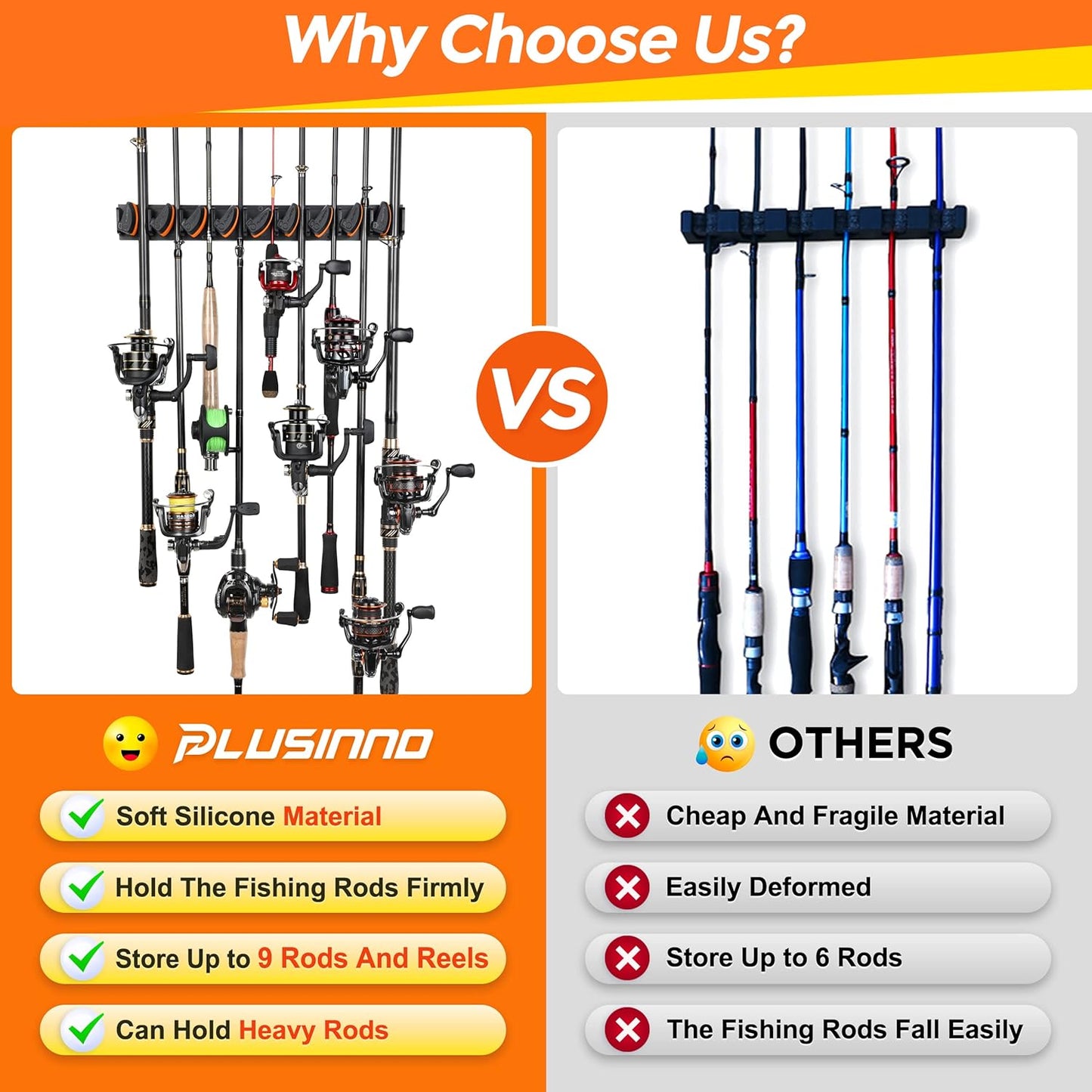PLUSINNO V9 Vertical Fishing Rod Holders, 2 Packs Wall Mounted Fishing Pole Holders, Fishing Rod Racks Hold Up to 18 Rods or Combos, Fishing Pole Holders for Garage, Fits Most Rods of Diameter 3-19mm
