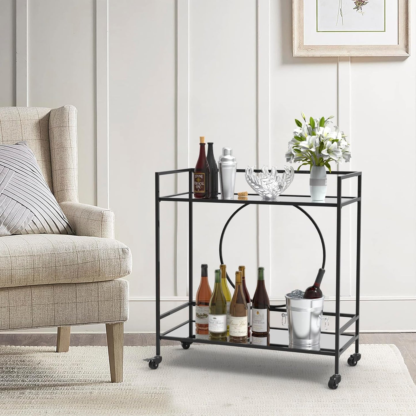 RiteSune Black Bar Cart with Wheels, Vintage Serving Cart Wine Cart with 2 Mirror Shelves, Alcohol Cart Liquor Bar Carts for Home Bar