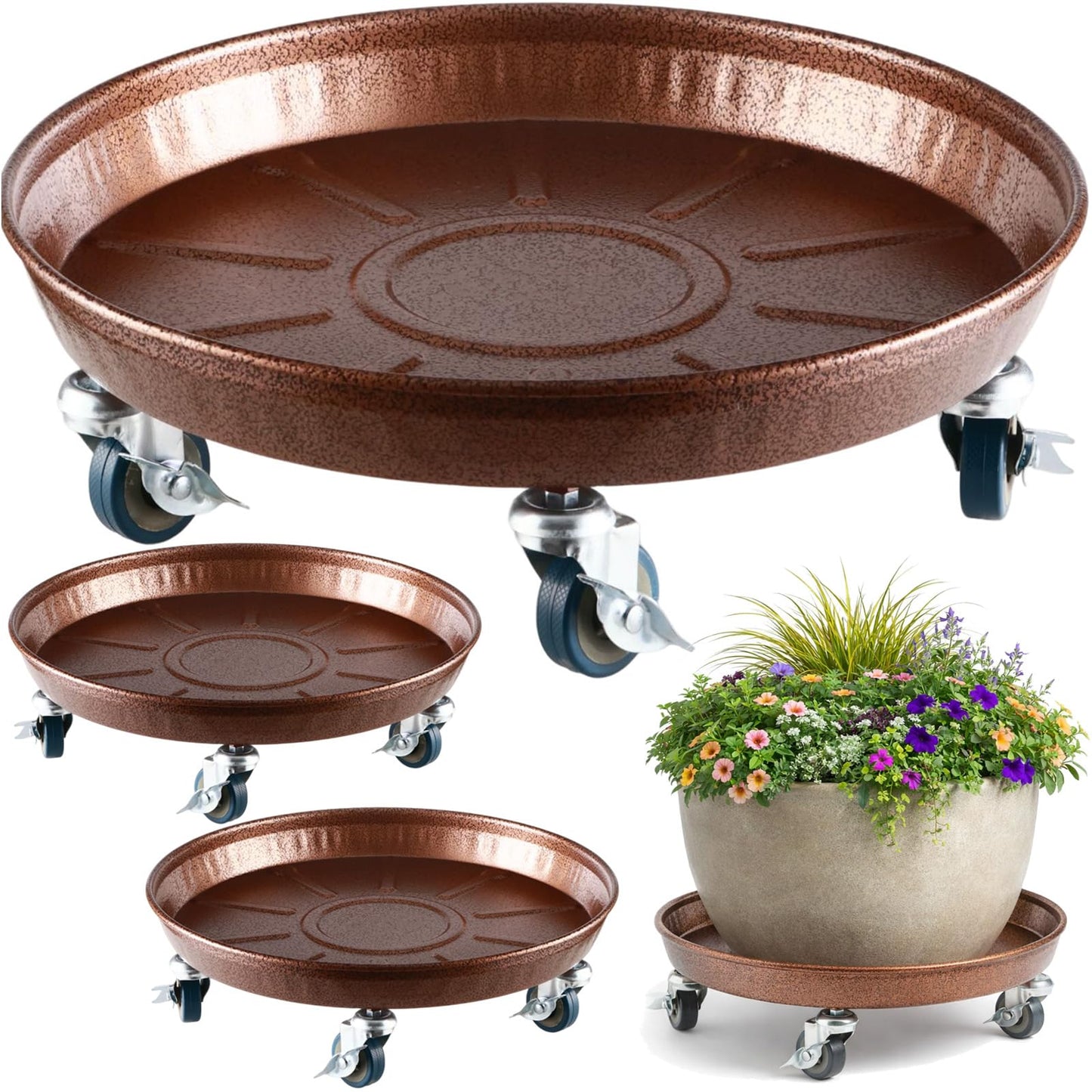 Planterhoma 3 Packs 16" Metal Plant Caddy with Wheels Extra-Large Rolling Plant Stand Heavy-Duty Plant Dolly with Casters Indoor Outdoor Wheeled Flower Pot Mover Rollers Garden Cart Trolley, Copper