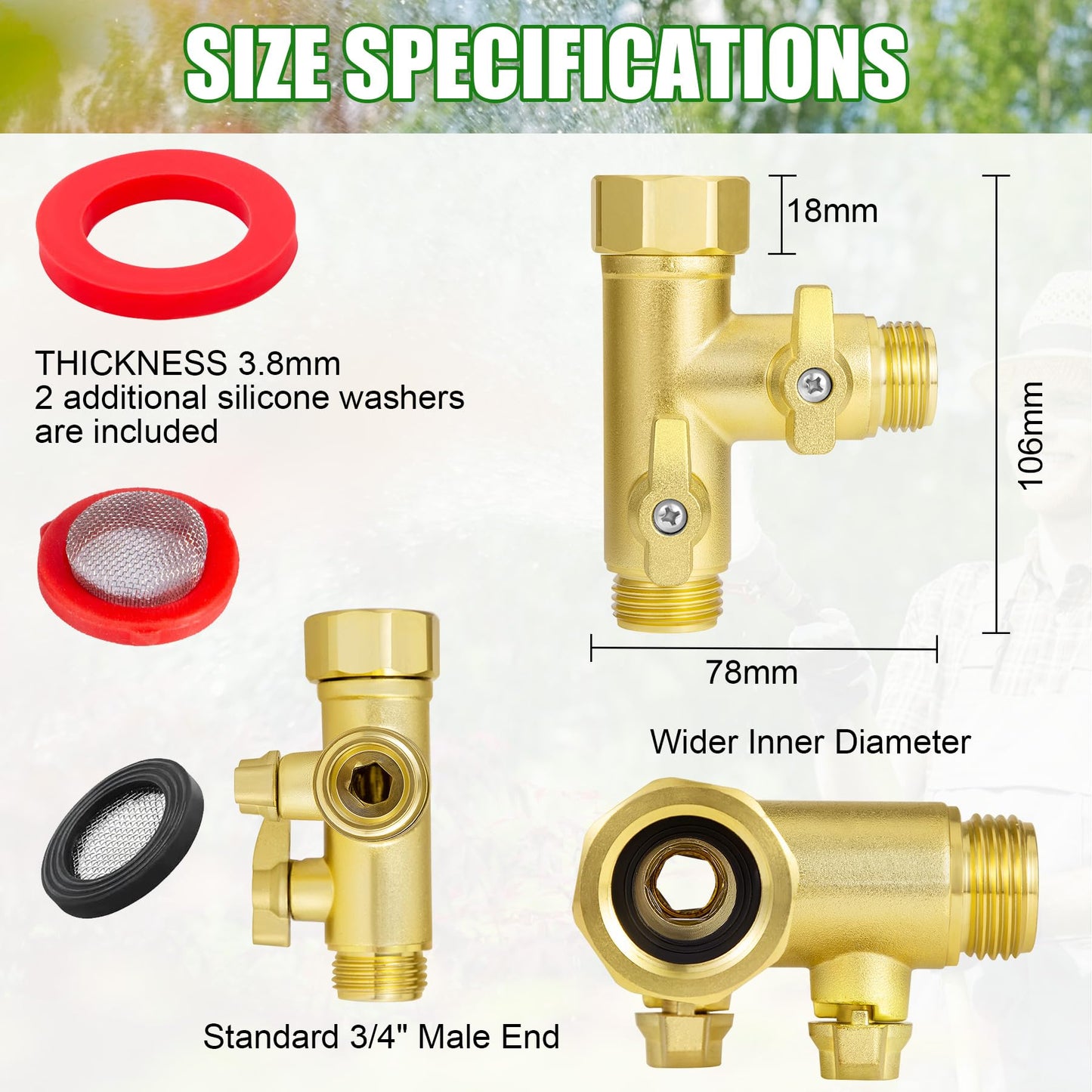 Breezliy Heavy Duty Metal 2 Way Type Garden Hose Splitter,3/4" 1.6MPa High Flow Spigot Faucet Connectors,with Shut-Off Valves, Comfort Grip,with washers&tape