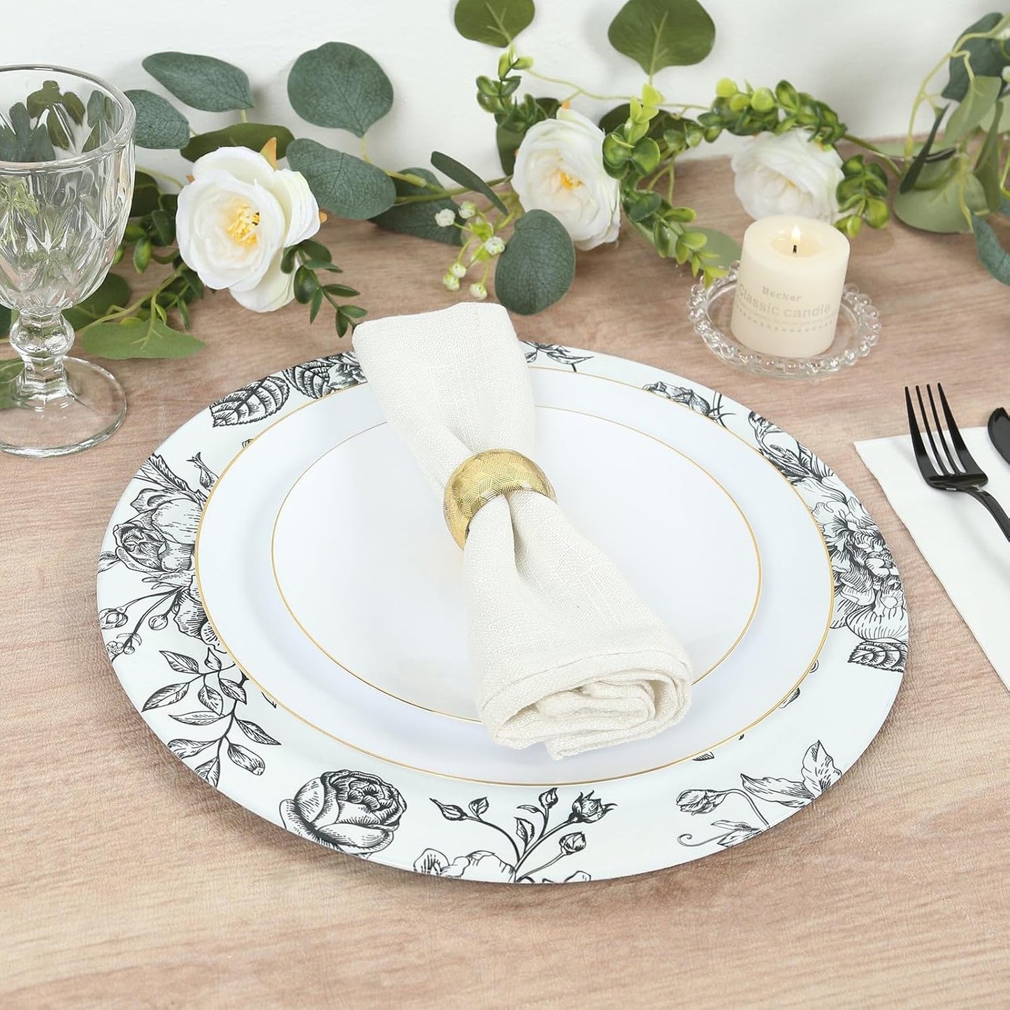 Efavormart 6-Pack Acrylic Charger Plates 13" Round White with Black Floral French Toile Pattern - Decorative Dinner Party Charger Tableware