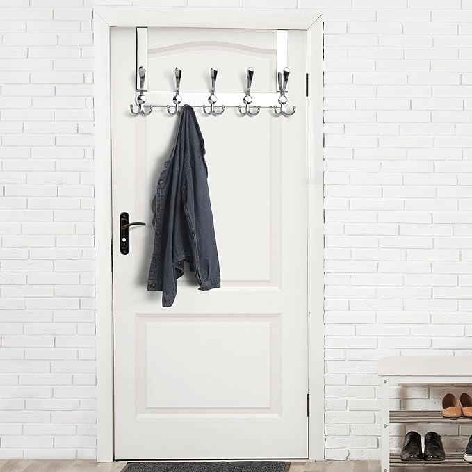 Dseap Over The Door Hook Hanger - 5 Tri Hooks, Heavy Duty Over The Door Towel Rack Coat Rack for Clothes Hat Towel,Chromed
