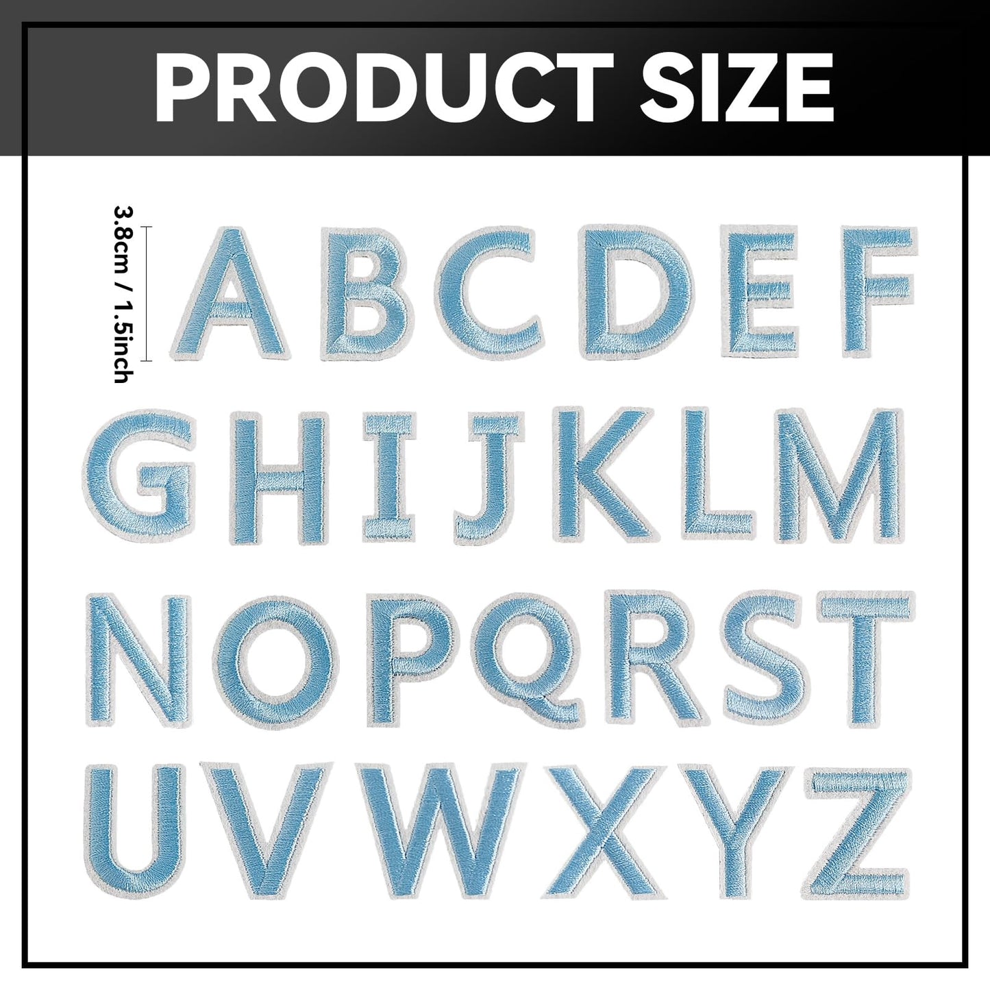 GYGYL 104 Pieces Iron on Letter Patches, Embroidered A-Z Letter Patches for Clothes, Dress, Hat, Socks, Jeans, DIY Accessories-1.5 Inch Light Blue