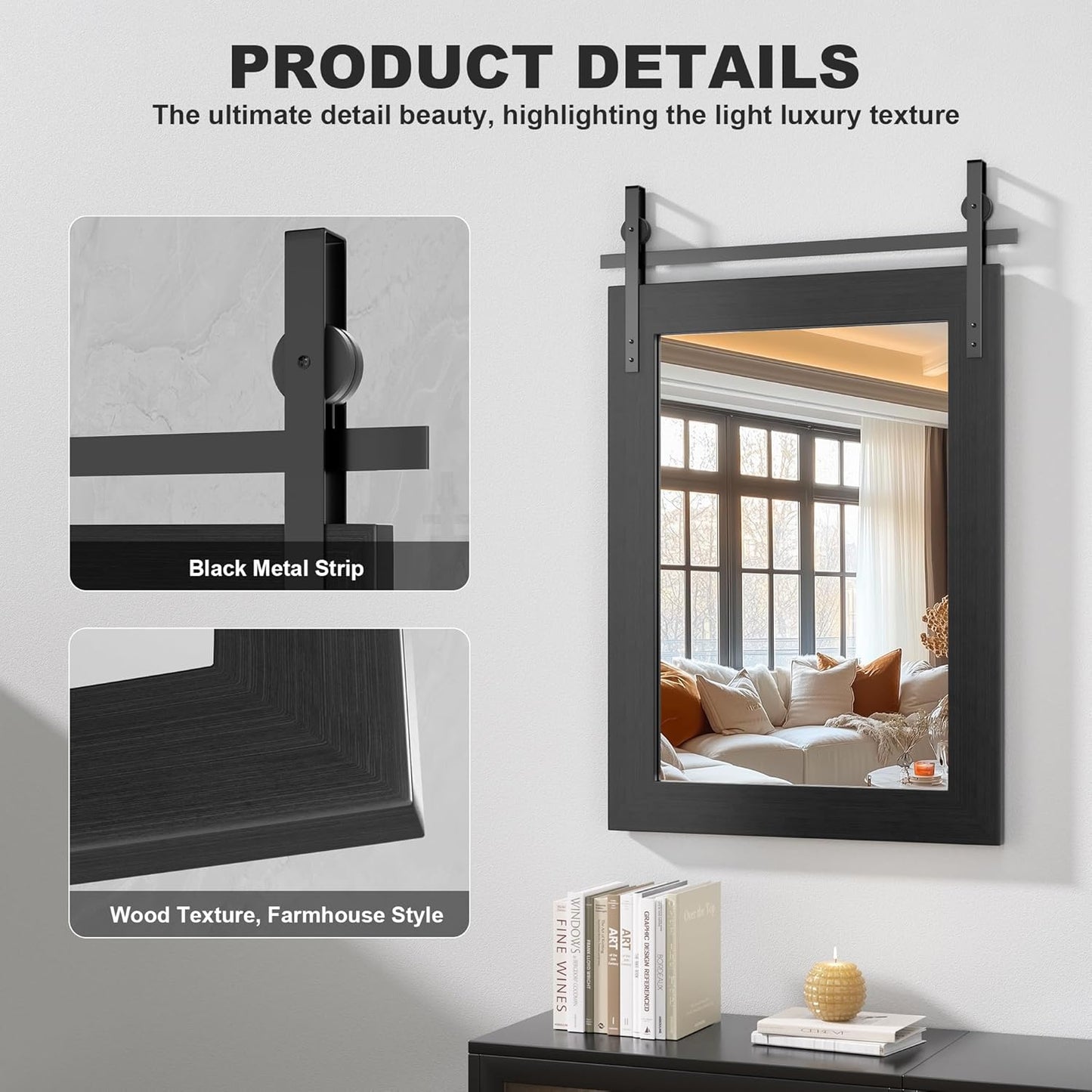 Hasipu Farmhouse Bathroom Mirror, 48"x32" Rustic Wood Framed Wall Mounted Mirror, Black Vintage Vanity Mirror Barn Door Style Decrative Mirrors