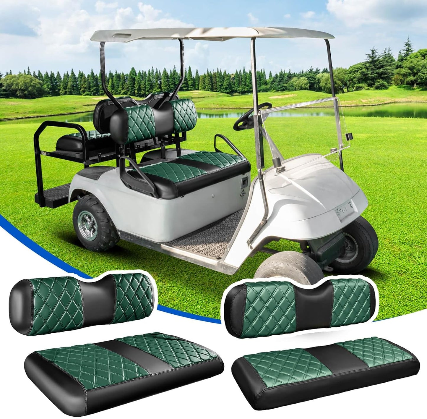 NOKINS 4PCS Golf Cart Diamond Seat Covers Kit, Front&Rear Seat Covers Fits EZGO TXT 1994-2013/EZGO RXV Standard Seat Cushion, EZGO Vinyl Seat Cover Accessories, No Staples (Dark Green&Black)