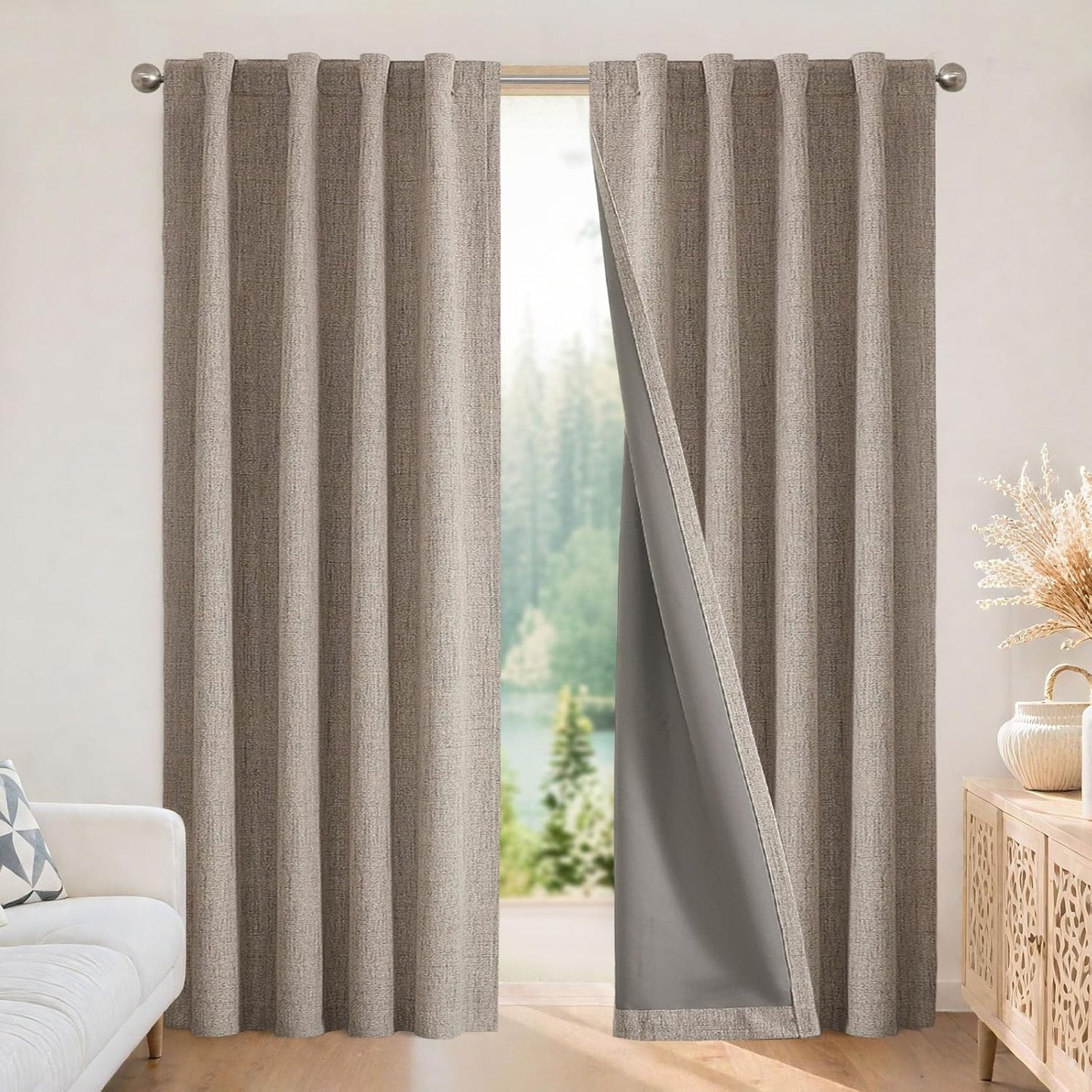 Joydeco 100% Blackout Curtains for Bedroom - Natural Linen Curtains 37"W x 84"L Long, Thermal Insulated 2 Panels Linen Light Blocking Drapes, Rod Pocket & Back Tabs, Darkening Privacy for Living Room