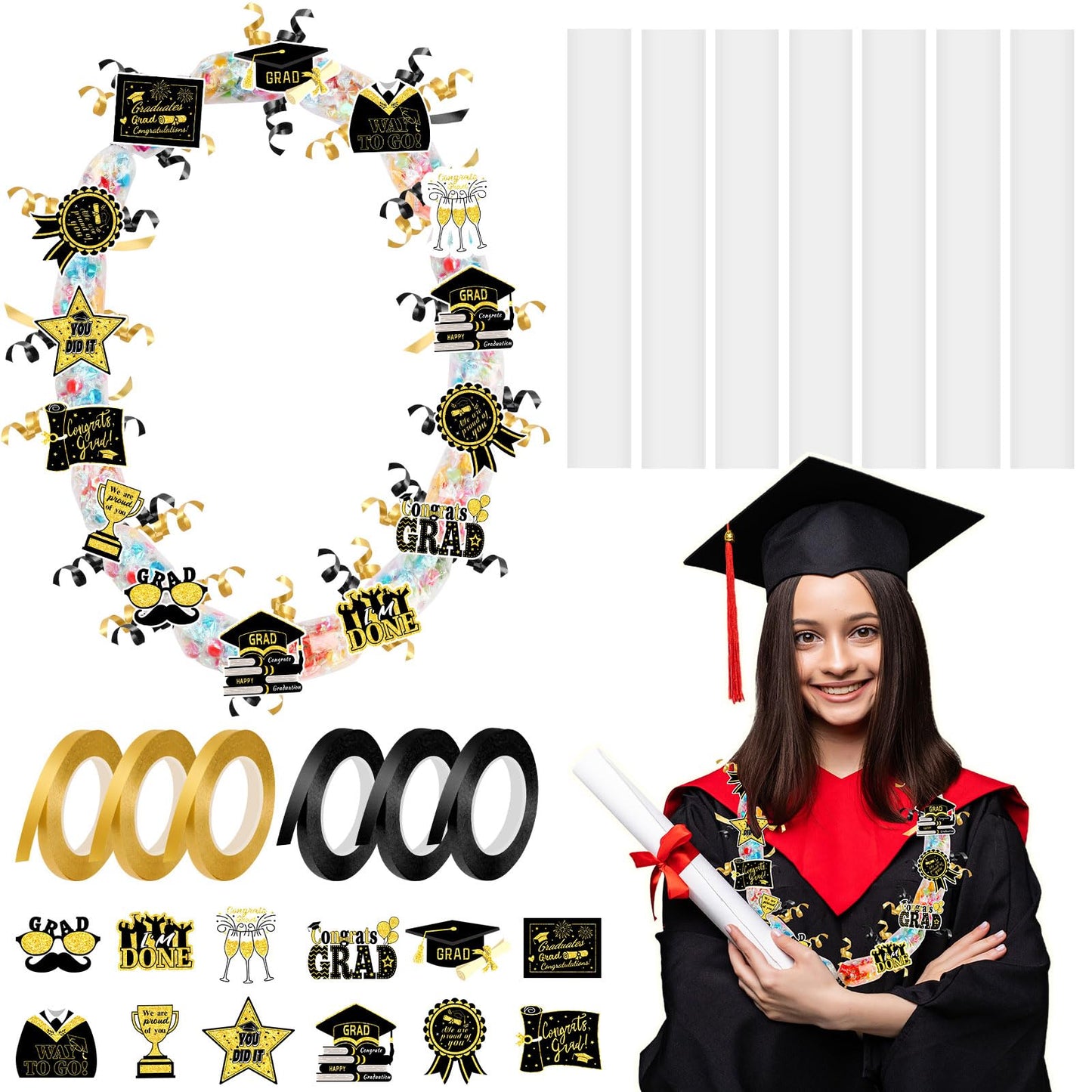 MARFOREVER 174 Pcs Graduation Candy Lei Making Kit, 24 Pcs Graduation Candy Lei Tubing 144 Grad Paper Cut 6 Rolls Ribbons for Congrats Grad Class of 2026 Party Supplies DIY Gifts Wreaths