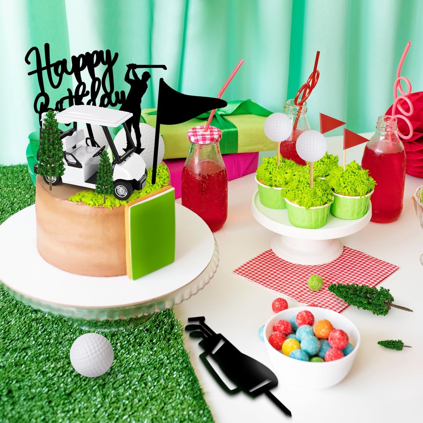 21 Pieces Golf Cake Decorations With Mini Cart, Ball, Green Tree, Clubs, Red Flag Cupcake Toppers for Sports Theme Birthday Party Decor Supplies