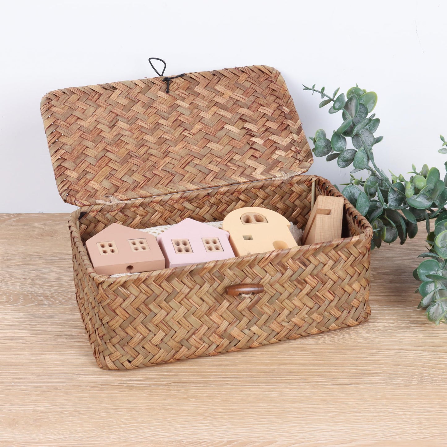 FEIALNDUO Wicker Shelf Baskets with Lid,Seagrass Storage Basket Bins Rectangular Handwoven Basket Boxes for Shelves Desktop Home Organizer (Coffee, X-Small)