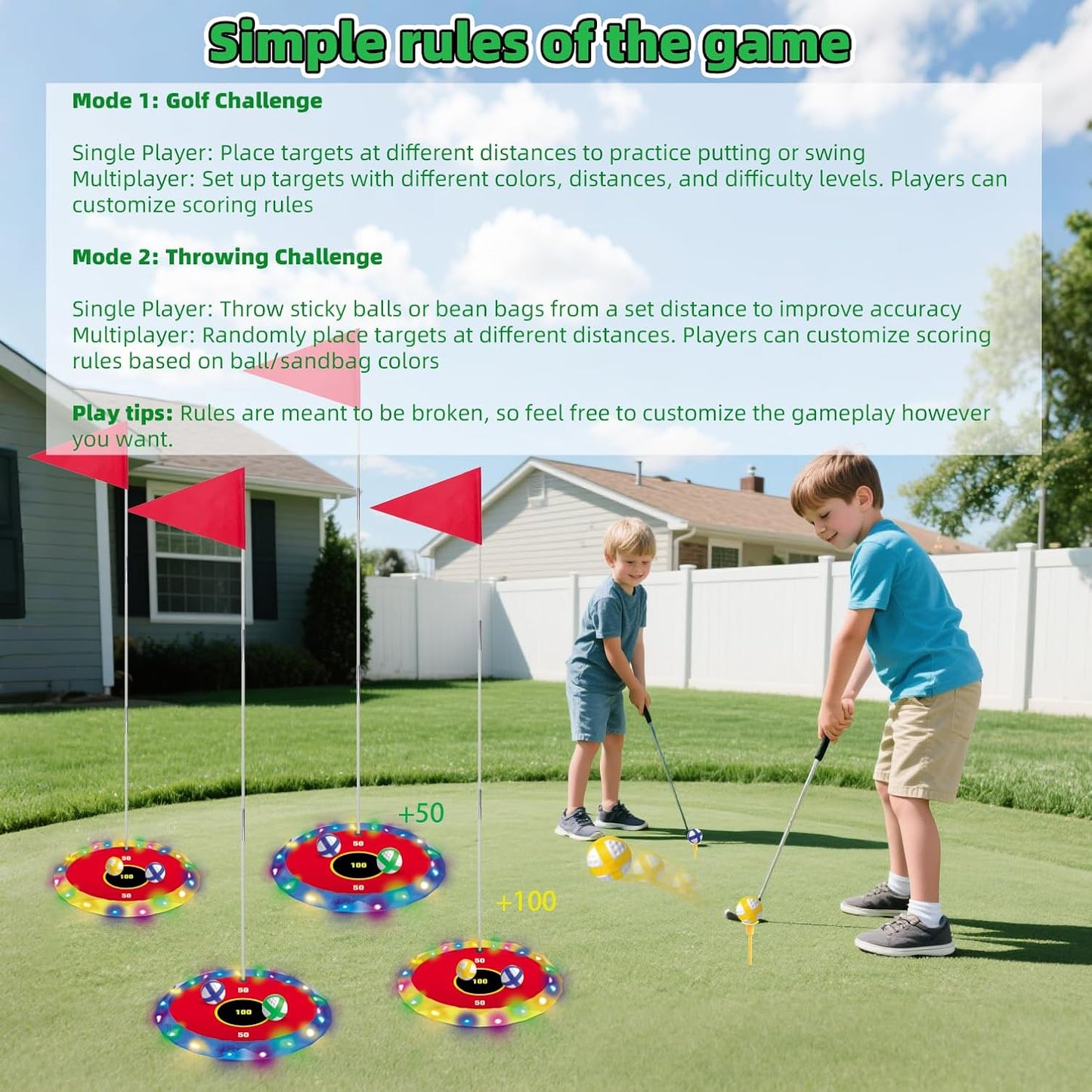 VATOS 2-in-1 Light up Golf for Kids- Golf Chipping Game & Bean Bag Toss with 6 LED Targets, 2 Clubs, 18 Balls, Night Golfs Play for Indoor Outdoor Party Yard Golfer Gifts Sports Toys for Kids 5-12
