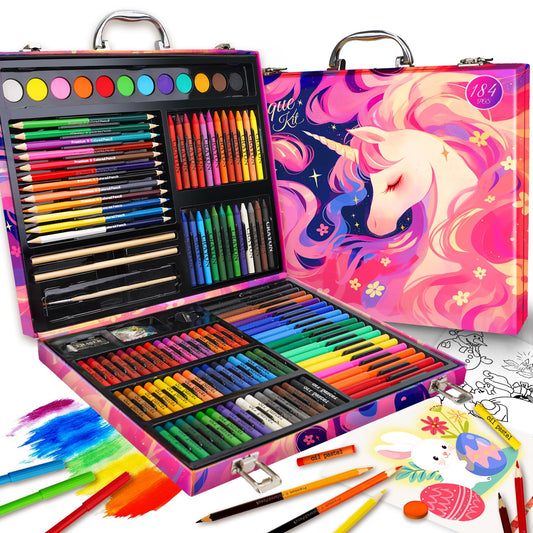 Cokiki Art Supplies,184-Piece Art Sets for Kids 6-12,Unicorn Pink Princess Christmas Birthday Drawing Art Kit with Colored Pencils,Crayons,Oil Pastels,Watercolor Paint Set for Kids Girls Teens