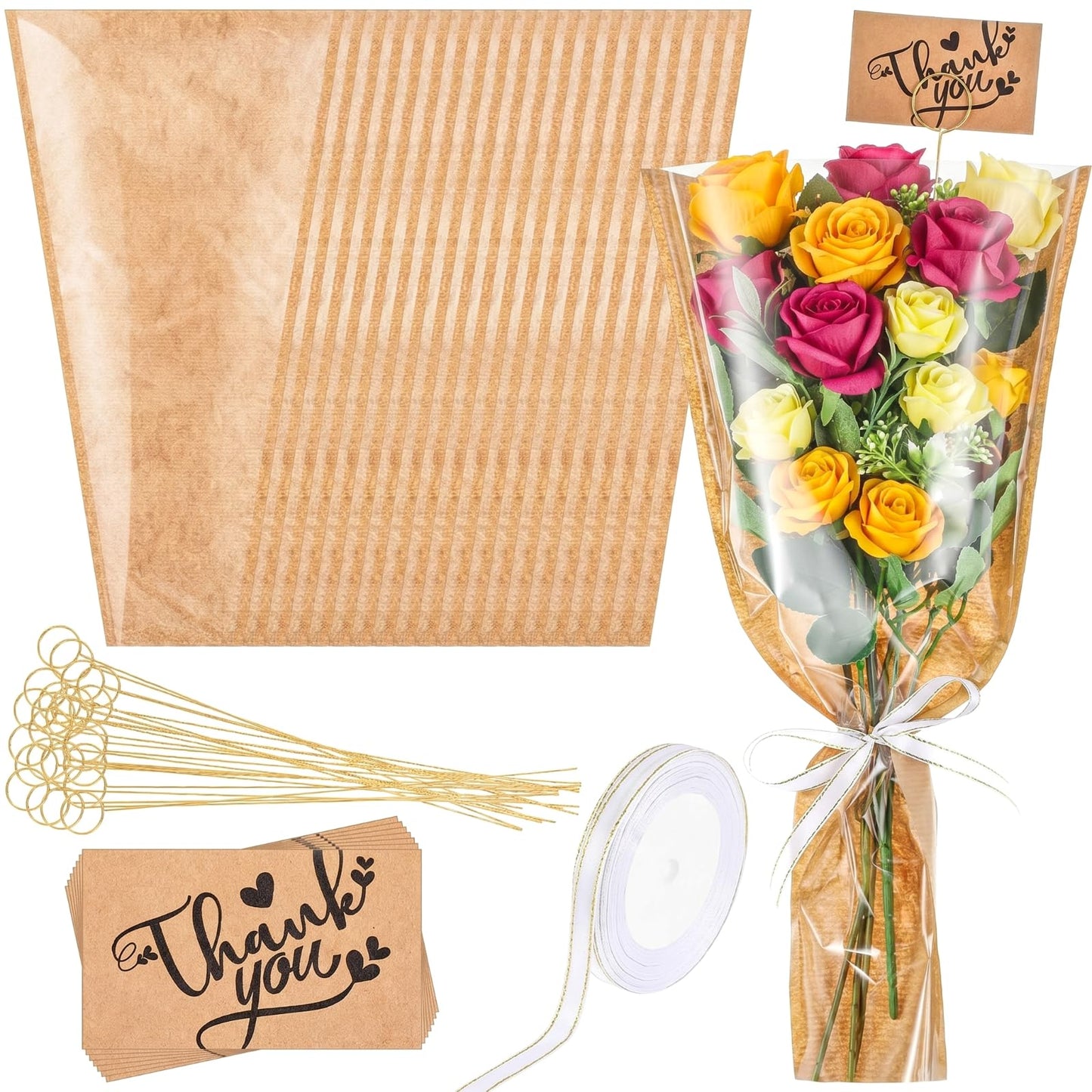 Gilprop 50 Pack 16.5 '' Flower Wrapping Bag Bouquet Kraft Paper Pack Sleeve with Floral Thank Card Holder and Pick Ribbon Flower Bouque Bag for Ot Mouth Thank Teacher, Father's Day, Graduation Gift