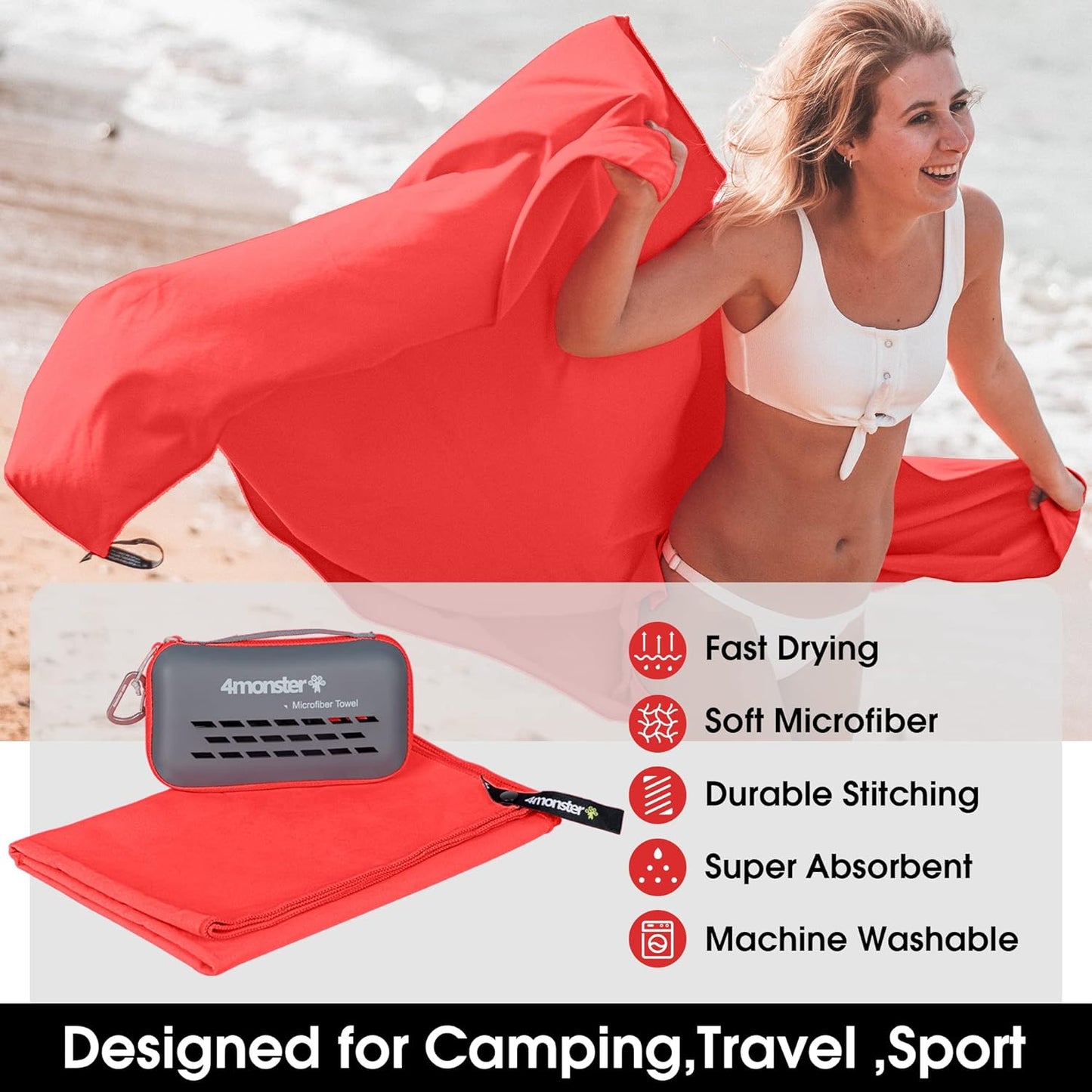 4Monster Camping Towels Super Absorbent, Fast Drying Microfiber Travel Towel, Quick Dry Ultra Soft Compact Gym Towel for Swimming Beach Hiking Yoga Travel Sports Backpack (47.00" x 23.60", Red)