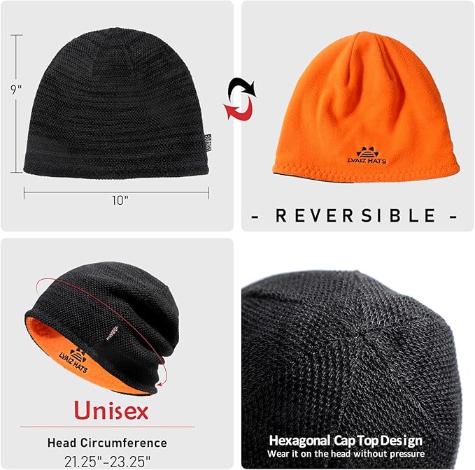 Lvaiz Mens Winter Beanie Hat Warm Fleece Lined Skull Cap for Men Reversible Women Windproof Watch Hat Knit Warm Unisex Beanie