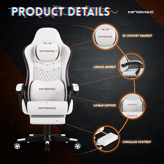 Gaming Chair,Ergonomic Computer Gaming Chair,400lb Load-Bearing,Retractable Footrest/Waist Support/Ergonomic Backrest[Spring + 4D Sponge] (White)