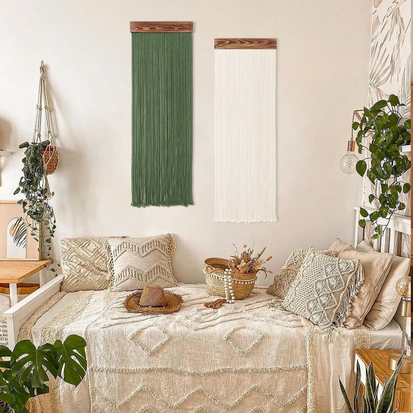 KHOYIME Macrame Wall Hanging Boho Chic Home Decor, 2PCS Bohemian Green Beige Tassel Yarn Tapestry Modern Handmade Large Wall Art Decorations for Living Room Bedroom Nursery Backdrop 11.8''W x 36''L
