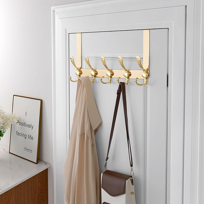 Dseap Over Door Hook 2.0 - Upgraded Version - Simple-Assembly, Strong, Heavy-Duty Stainless Steel 5-Tri-Hook Over The Door Hanger Rack, SimpleStrong Series, Gold