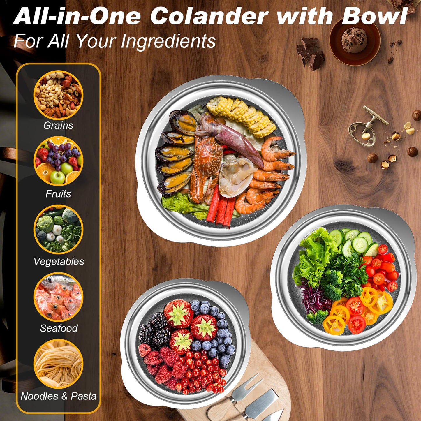 Colander, Stainless Steel Colander with Mixing Bowls (3.5QT), 3Pcs Strainer for Kitchen Gadget Food Strainer Basket with Handle, Colanders Bowl for Pasta Noodles Spaghetti Vegetables Fruit (3.5+3+2QT)