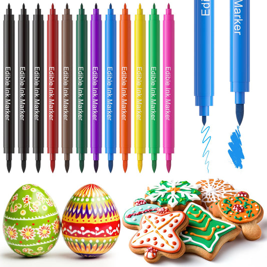 Jewem Edible Markers for Cookie Decorating, 12Pcs Food Coloring Pens, Double Sided Food Grade Pens with Fine & Thick Tips for Decorating Fondant, Cakes, Cookies, Frosting, Macaron, Dessert Decorating