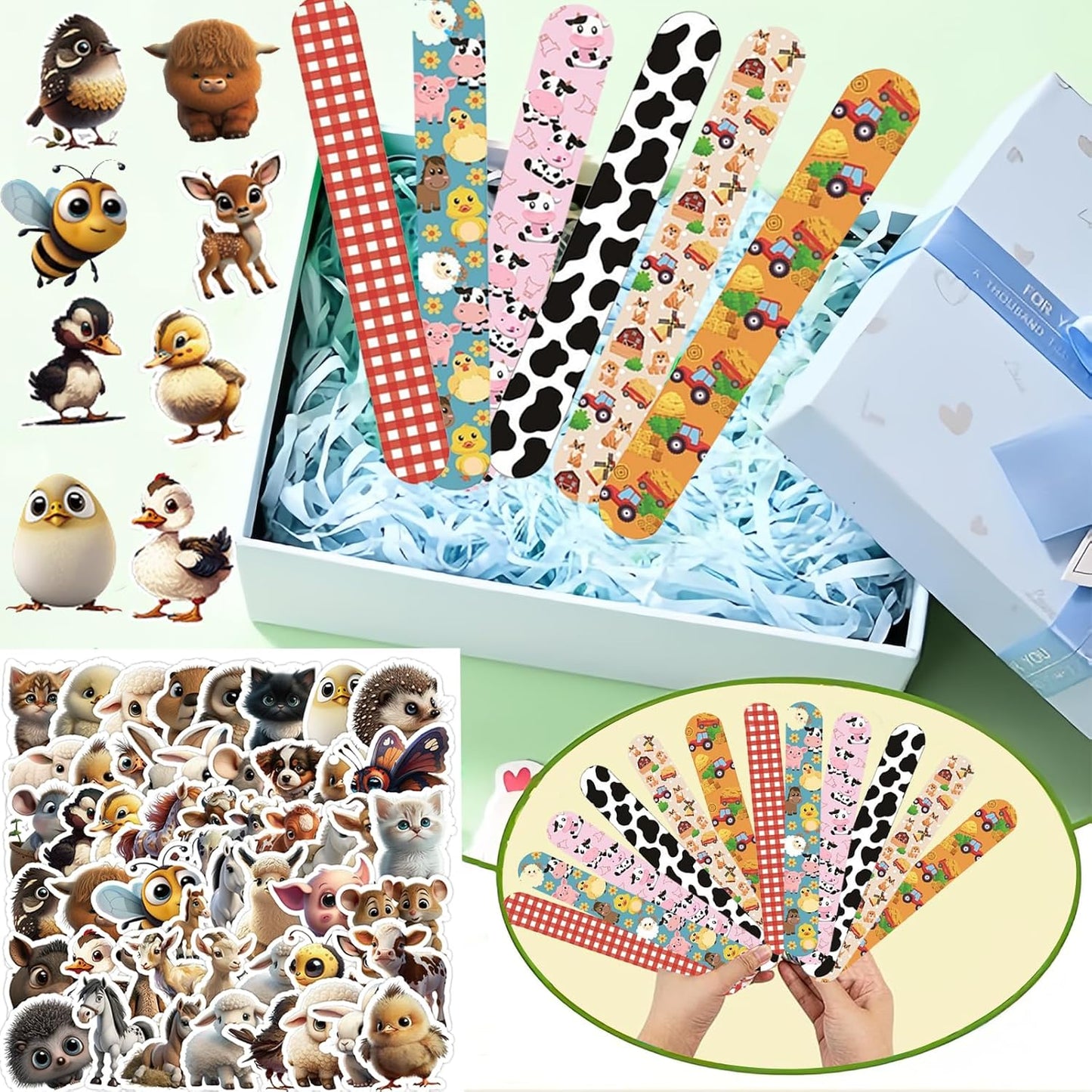 74PCS Farm Animals Party Favor 50PCS Barnyard Party Stickers&24PCS Slap Bracelets Farm Animals Birthday Supplies Team Gift Fillers School Classroom games Rewards Supplies