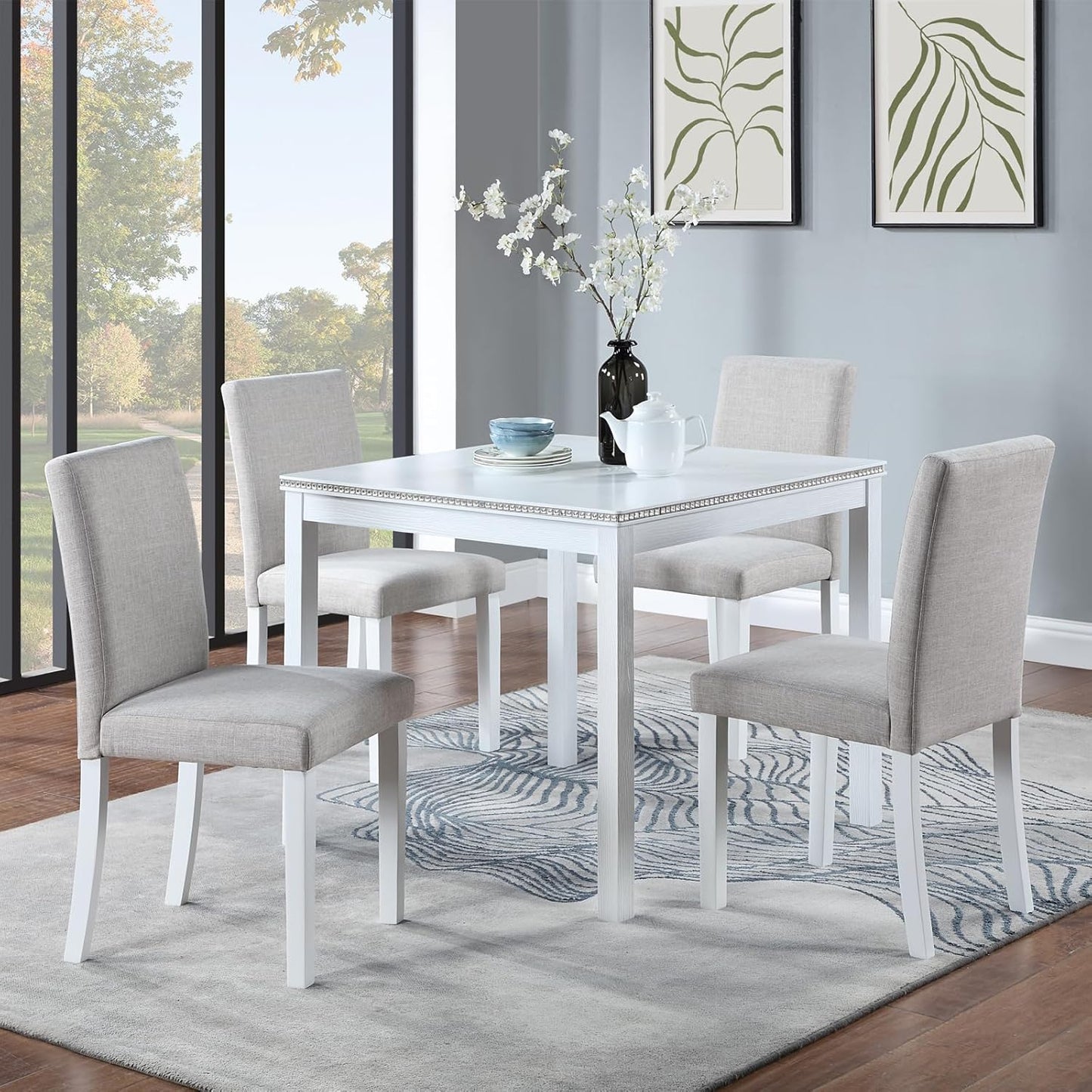 KEIKI 5-Piece Standard Height Dining Table Set with Square Table and 4 Upholstered Chair, for 4 Person, Modern Style Crystal Decoration Wood Table Set, Easy Assembly, for Kitchen, Dining Room, White