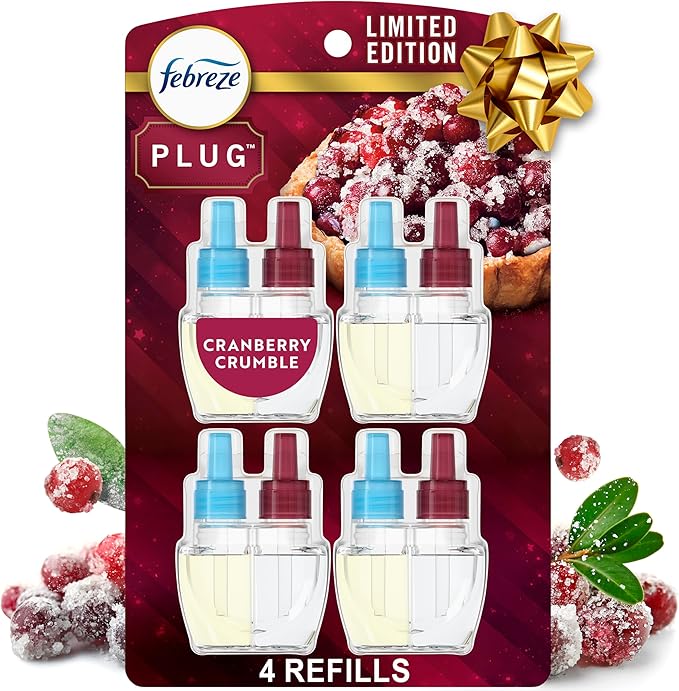 Febreze Plug In Air Freshener, Odor-Fighting Scented Oil Refill, For Home, Bathroom, & Kitchen, Long Lasting for Strong Odors, Limited Edition Holiday Cranberry Crumble Scent, 0.87oz Refills, 4 Count