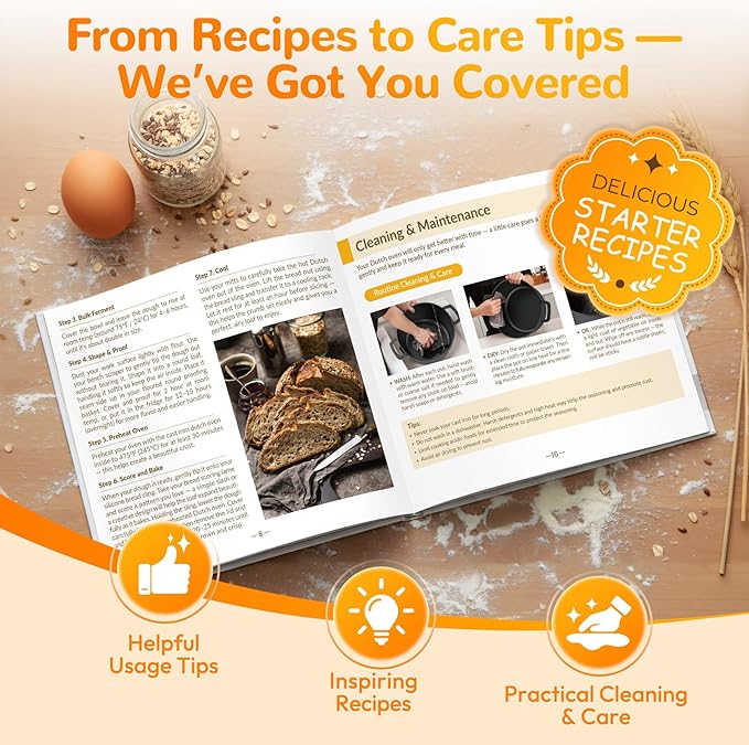 Cast Iron Dutch Oven for Bread Baking - Sourdough Starter Kit with Dutch Oven, Mitts, Banneton, Bread Sling & Baking Supplies, 5.46QT Pot with Lid for Sourdough Bread Baking, Frying, Braising & Camping