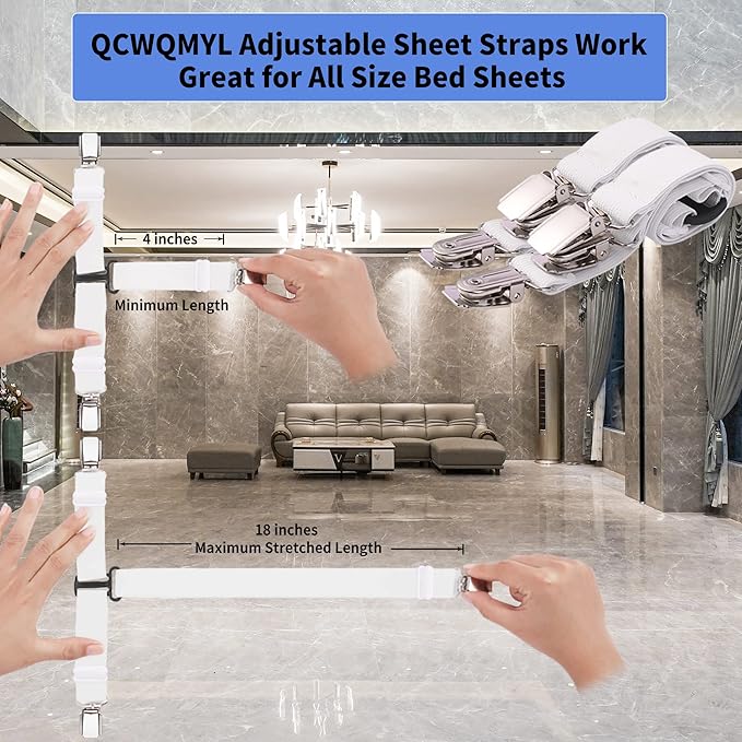 Upgrade Design Bed Sheet Straps 4 PCS Bed Sheet Clips Sheet Holders for Corners White Fitted Sheet Clips