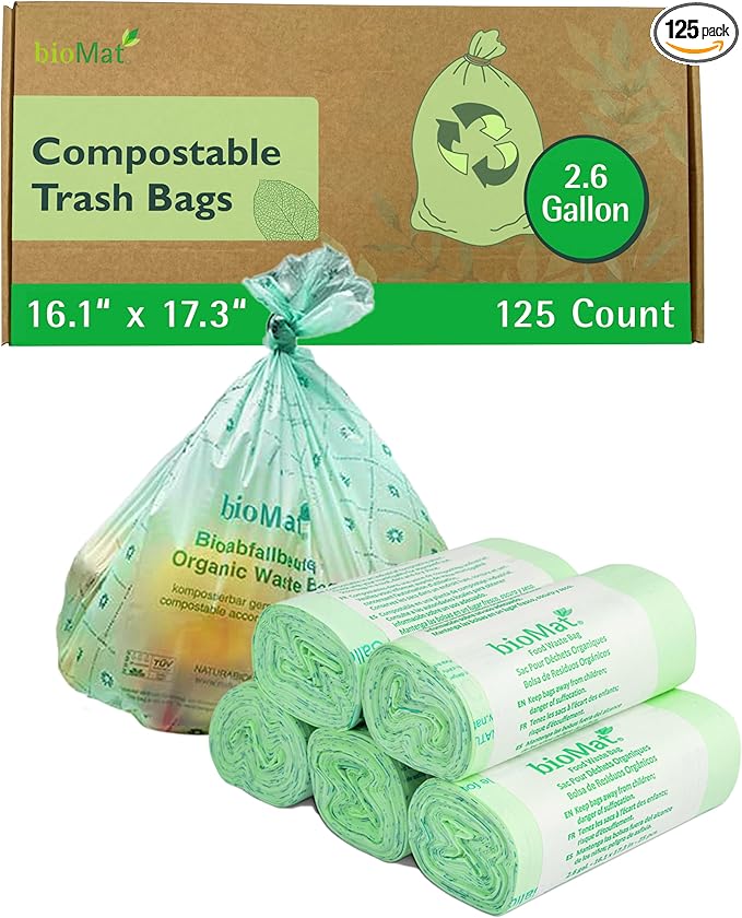bioMat 2.6 Gallon Compostable Trash Bags, 125 Count, Compost Bags for Countertop Bins, BPI ASTM D6400 and CMA Certified Small Trash Bags