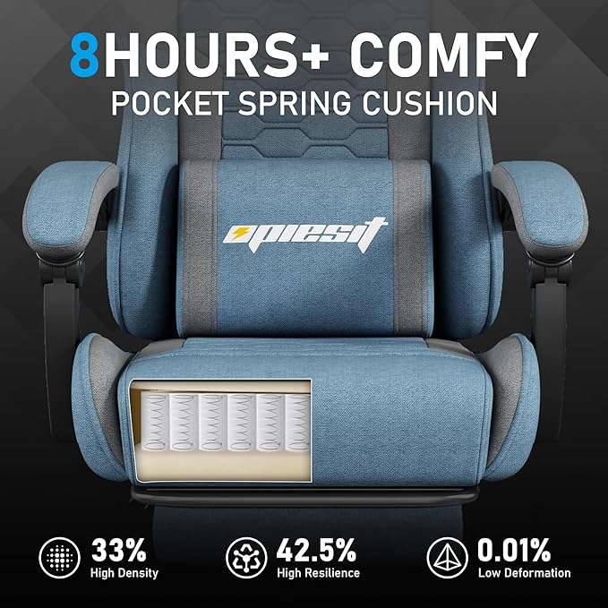 Gaming Chair, Fabric Computer Chairs with Lumbar Support and Massager, Ergonomic Office Chair with Footrest & Pocket Spring Cushion, Bearing 400 LBS（Blue）