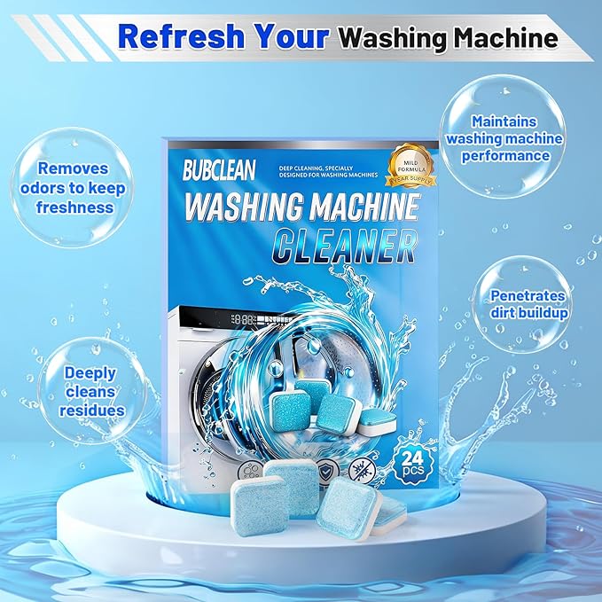 Washing Machine Cleaner Descaler, 24 pack Deep Cleaning Tablets for Front Loader, Top Load & HE Washer, Septic Safe Odor & Water Buildup Removal, Clean Drum & Laundry Tub Seal