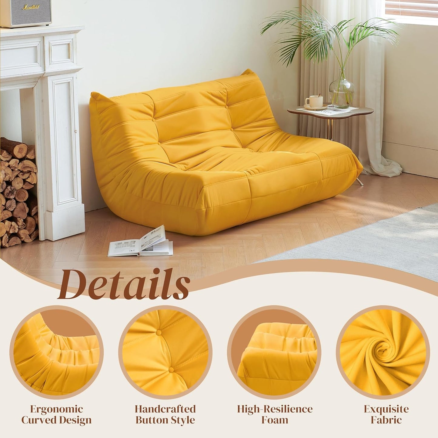 Bean Bag Chair, Loveseat Fireside Chair Bean Bag Sofa for Adults, 2 Seater Bean Bag Chairs for Teens with High-Resilience Foam, Memory Foam Bean Bag for Living Room, Bedroom, Office (Suede, Yellow)