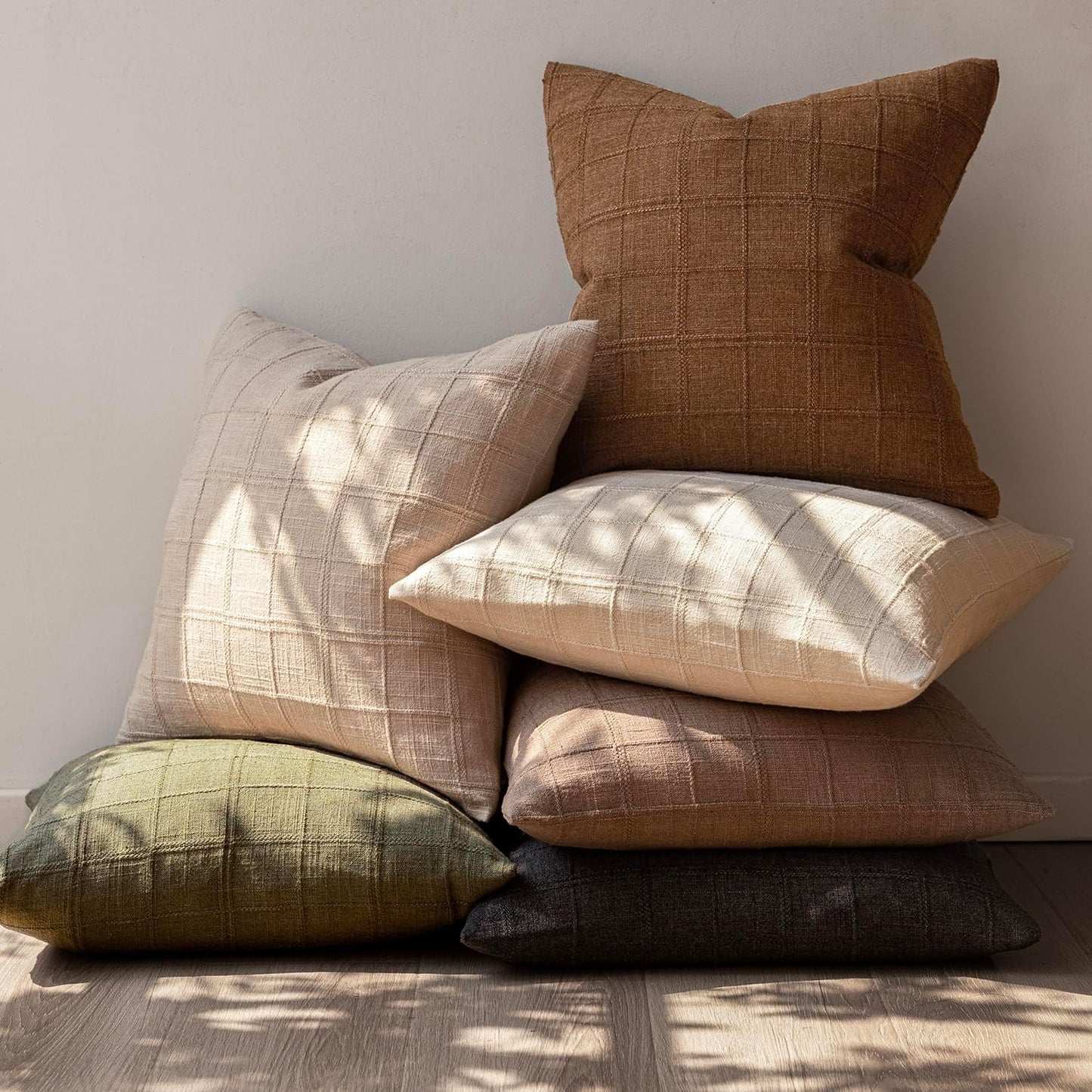 Foindtower Set of 2 Decorative Linen Check Throw Pillow Covers Neutral Farmhouse Vintage Cushion Covers Modern Boho Home Decor for Sofa Chair Couch Bedroom Living Room Outdoor,24×24 Inch,Brown Hazel