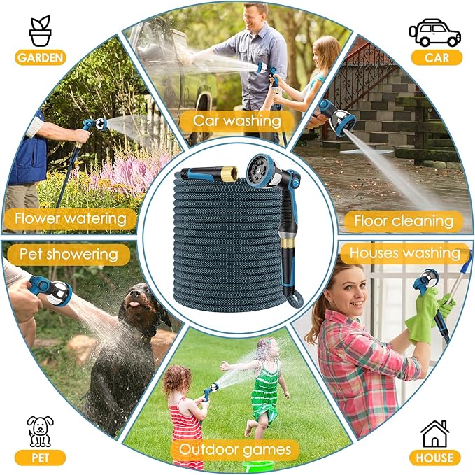 Non-Expandable Garden Hose 50 FT, Lightweight Hose with 10 Function Spray Nozzle, Kink-Free Flexible Water Hose, Durable, Leak-Proof, 360° Swivel Connectors, Portable Storage Strap