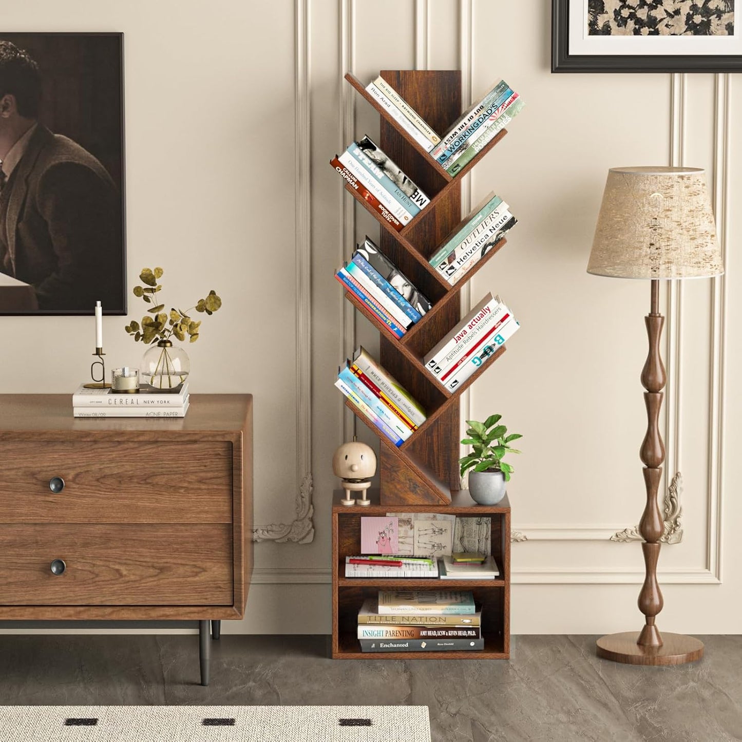 10 Tier Tree Bookshelf,Floor Standing Wood Tall Bookcase for Narrow Space, Storage Organizer Bookshelves for Books, Book Case for CDs/Movies/Books,Home Office,Living Room, Bedroom