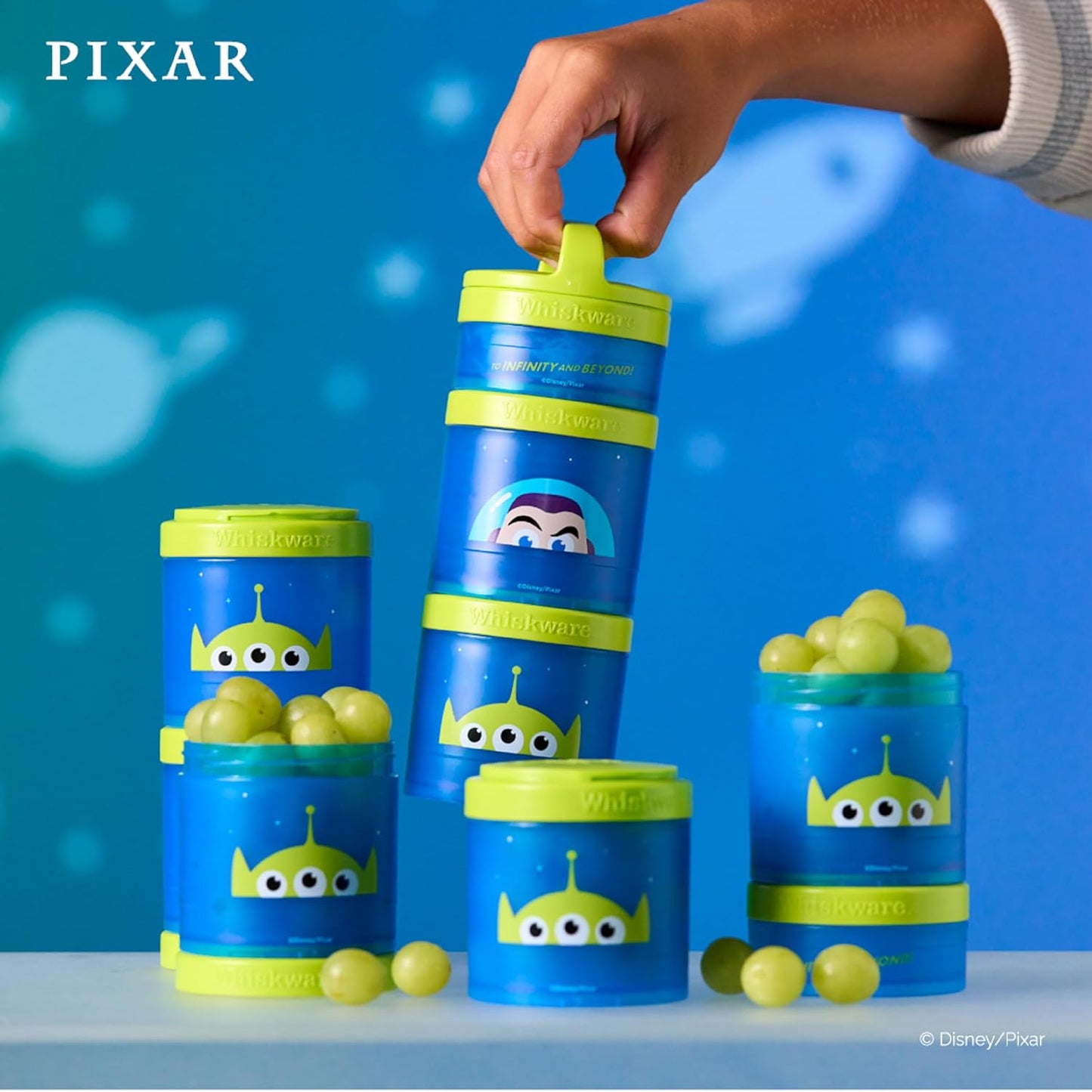 Whiskware Disney Pixar Stackable Polypropylene Snack Containers for Kids and Toddlers, 3 Stackable Snack Cups for School and Travel, Toy Story Buzz Lightyear