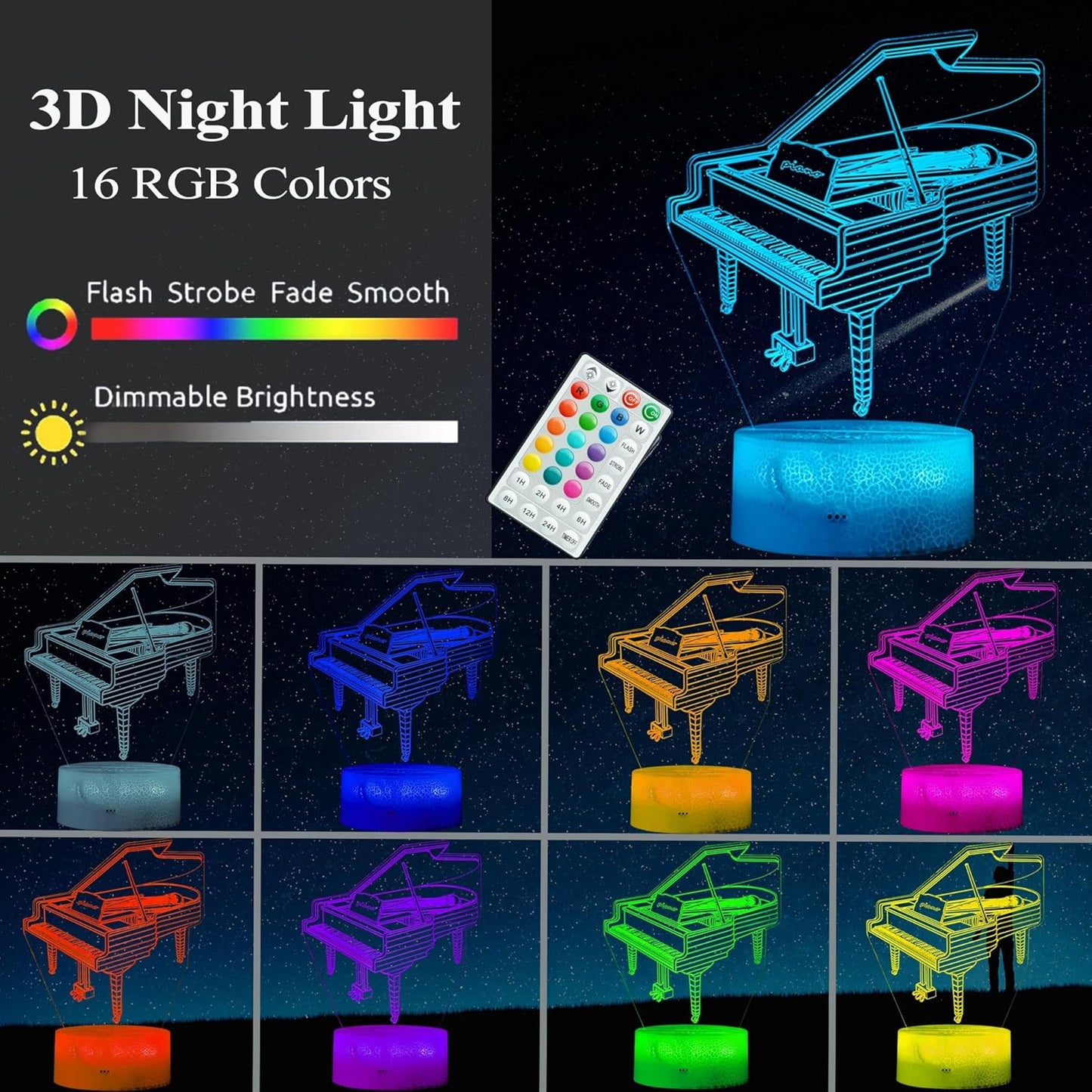 Piano Night Light, Instrument Gifts, Piano 3D Illusion Lamp with 16 Colors Changing, Timer, 4 Flash Modes and Dimmable, Kids Boys Girls Room Decoration, Holiday Xmas Music Gifts