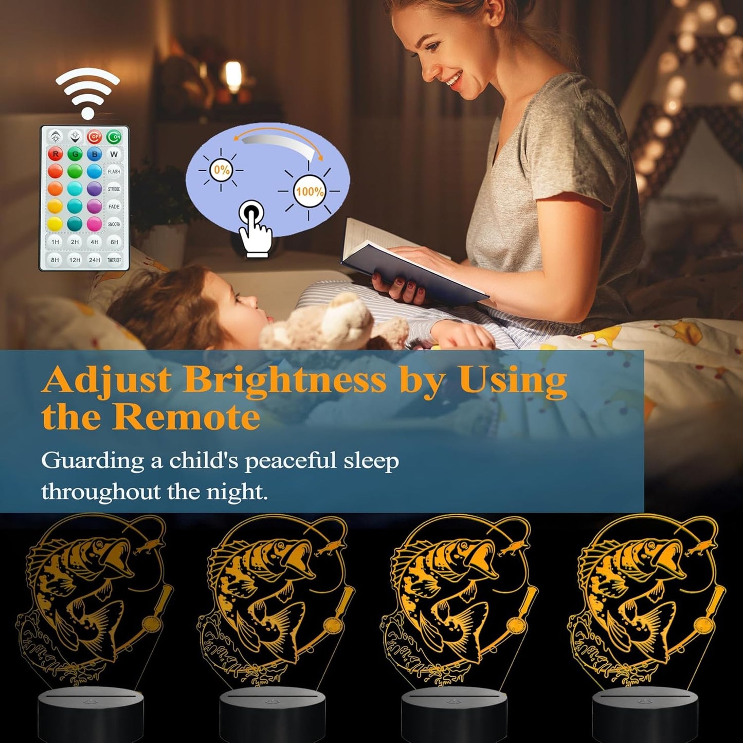 Fish Night Light, Fish 3D Illusion Lamp, Go Fishing Man Gifts with 16 Colors Changing, Timer, 4 Flash Modes and Dimmable, Kids Room Decoration, Xmas Fishing Gifts
