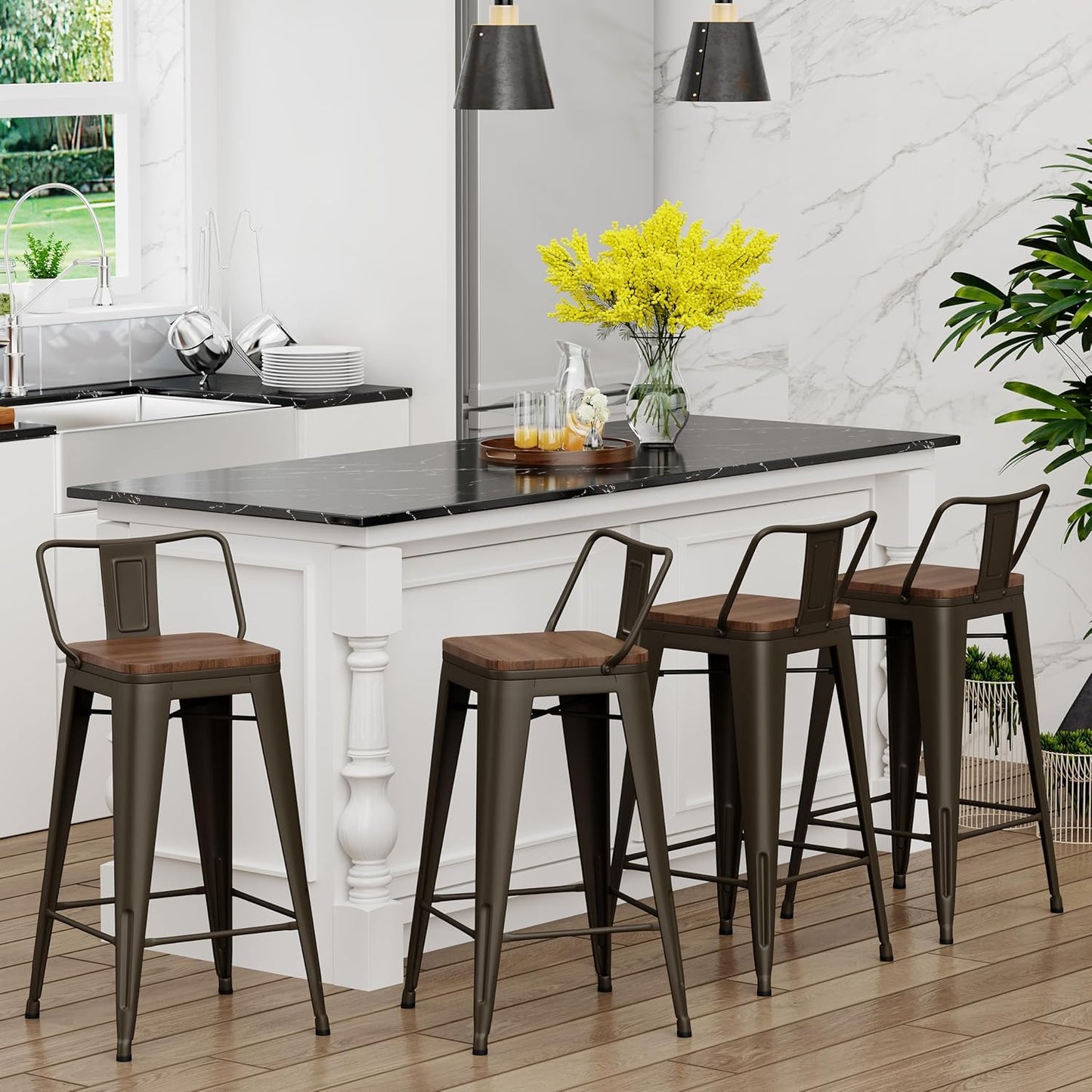 Yongchuang 24 inch Bar Stools Set of 4 Metal Counter Height Bar Stools with Wood Seat Kitchen Low Back Barstools Gunmetal