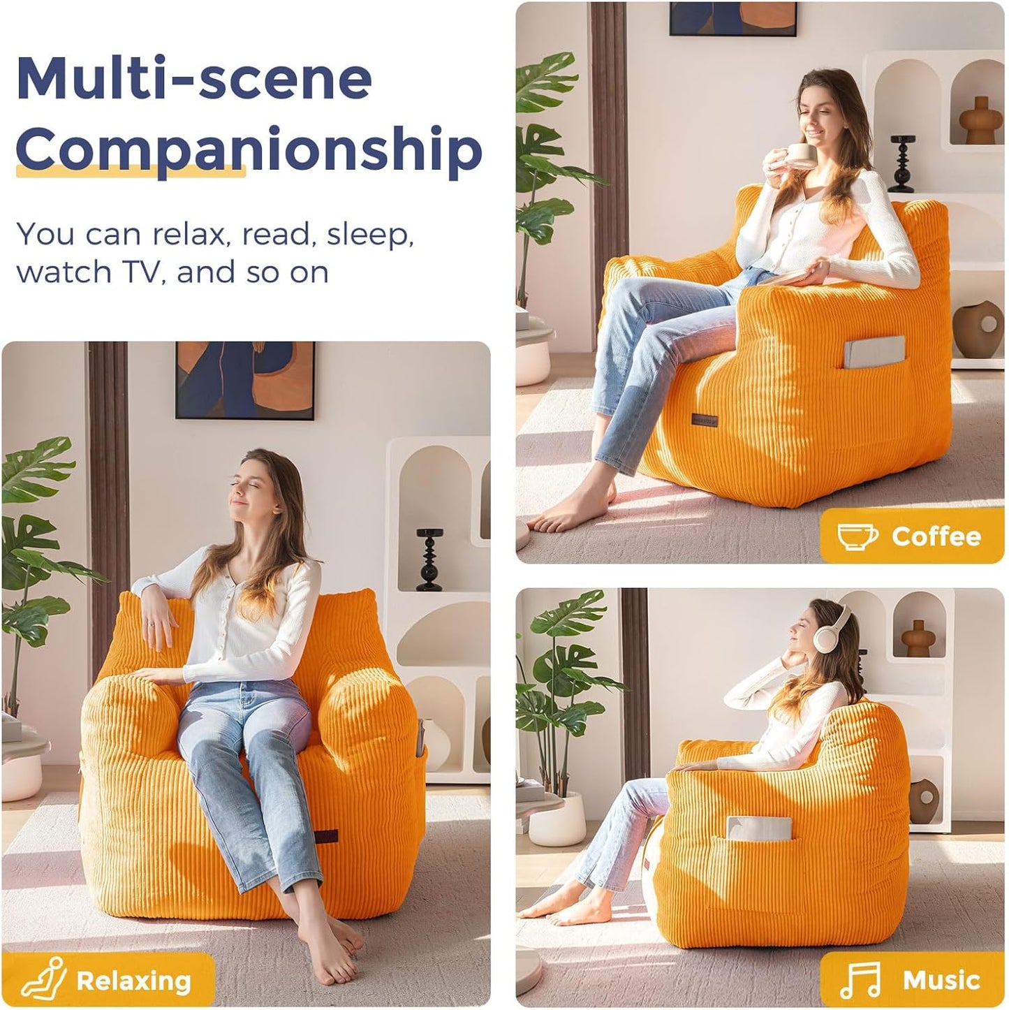 MAXYOYO Bean Bag Chair, Tufted Bean Bag Couch Lazy Chair, Living Room Sofa Couch with Filler for Adult Teens Kids, Corded Fabric Accent Sofa for Bedroom Dorm, Orange