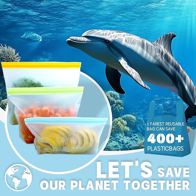 20 Pack Reusable Food Storage Bags,Leakproof Freezer Bags BPA Free Stand Up Sandwich Bags for Lunch Salad Fruit Travel,Dishwasher Safe(6 Gallon,8 Sandwich,6 Snack)