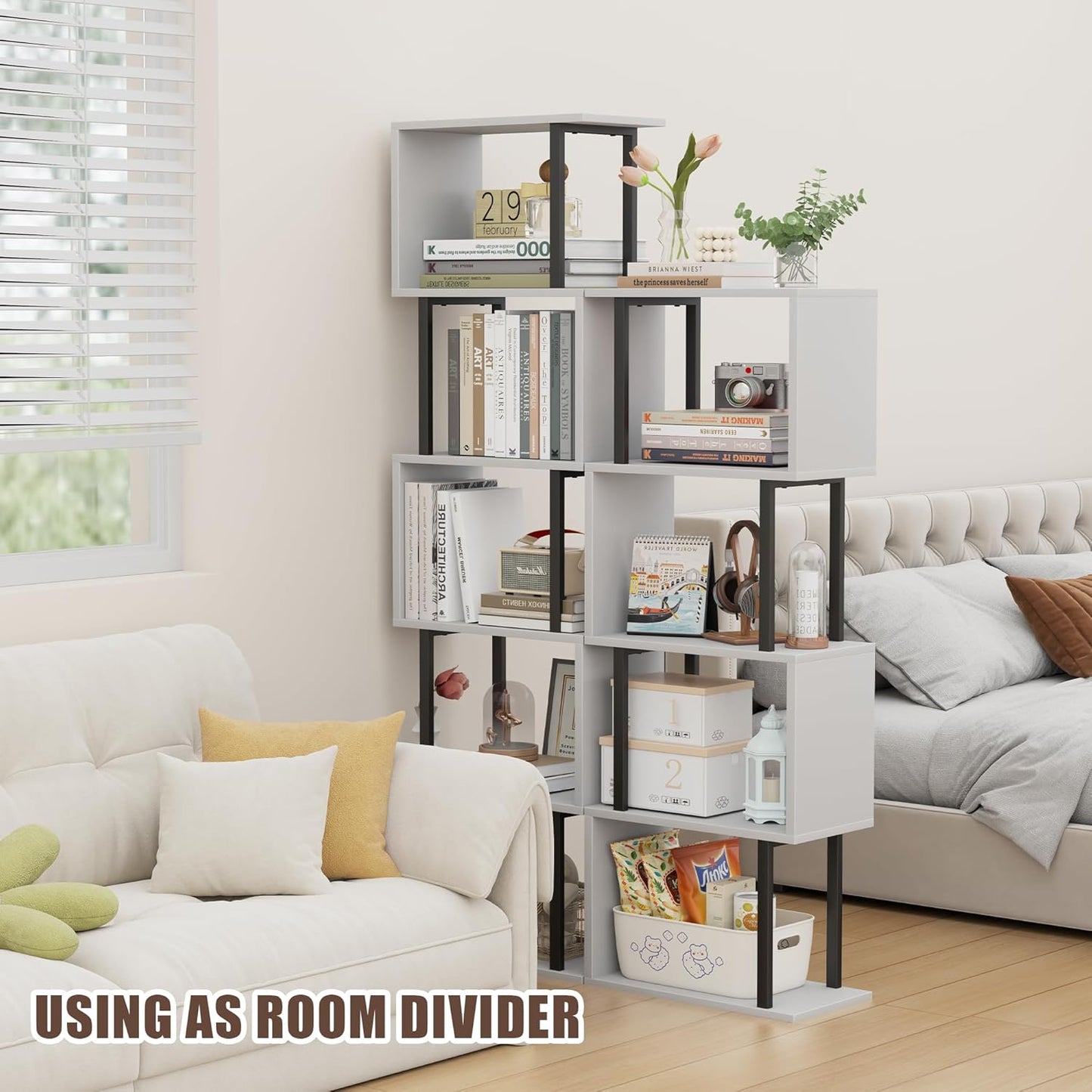 Gadroad 4-Tier Bookshelf, Narrow S-Shaped Geometric Bookcase, Wood Decorative Storage Shelving, Modern Freestanding Display Shelves, Book Shelf Unit for Living Room Bedroom Home Office, White