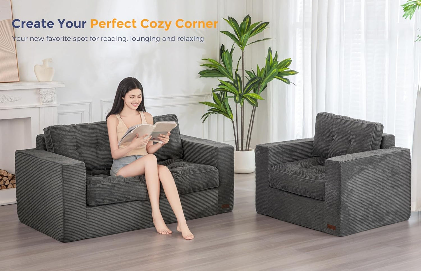 MAXYOYO Bean Bag Chair for Adults, Upholstered Floor Sofa with Armrests, Loveseat Boneless Couch with Tufted Cushion & Backrest, Sofa in A Box, Large Bean Bag Couch for Bedroom Living Room, Dark Grey